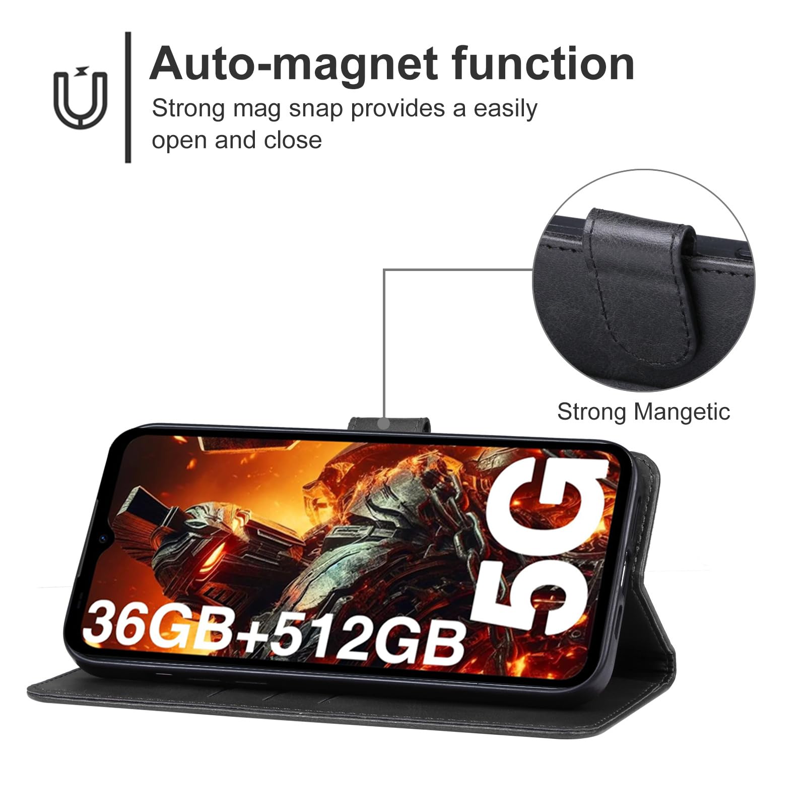 Funda Libro Para Doogee Note 58 / Note 58 Pro - Carcasa De PU Cuero Con Tarjetero, Soporte Plegable Y Cierre Magnético, Color Negro