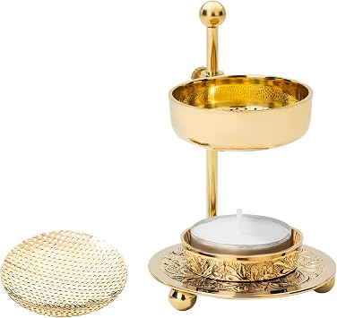 Handmade Gold Brass Incense Burner/Incense Censer with Sieve Adjustable Height 4.33 Inch Adjustable Incense Heater for Aromatherapy with Tea Light Included