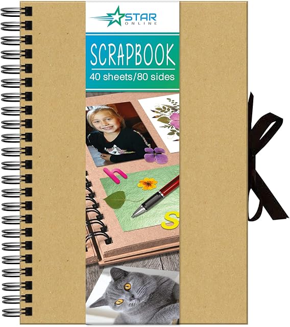Star Online A4 Kraft Scrap book 80 Pages Scrapbook Kit Photo Album Wiro Bound Display Eco-Friendly Book with Ribbon Closure and 2 Metallic Marker Pens and Photo Corners