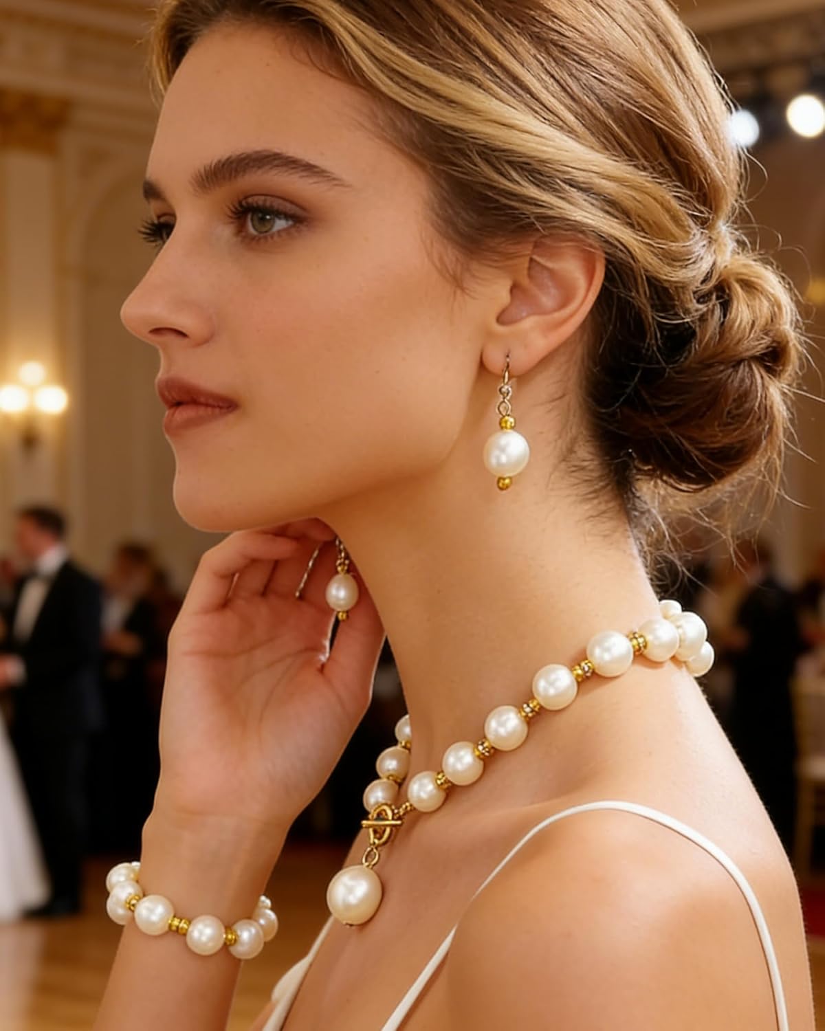 Gold Pearl Jewelry Set for Women Sparkly Rhinestone Necklace Trendy Cuff Bracelet Elegant Pearl Stud Earrings Bridal Wedding Jewelry Accessories for Bridal - Image 3