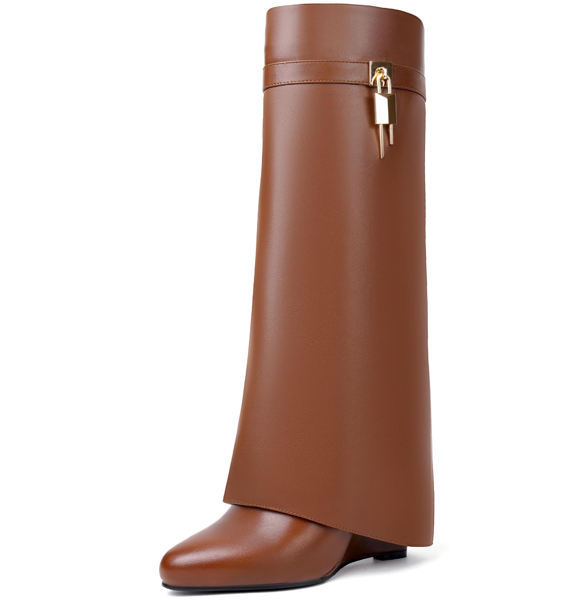 Women's Fold Over Knee High Shark Boots Wedge Heel Side Zipper