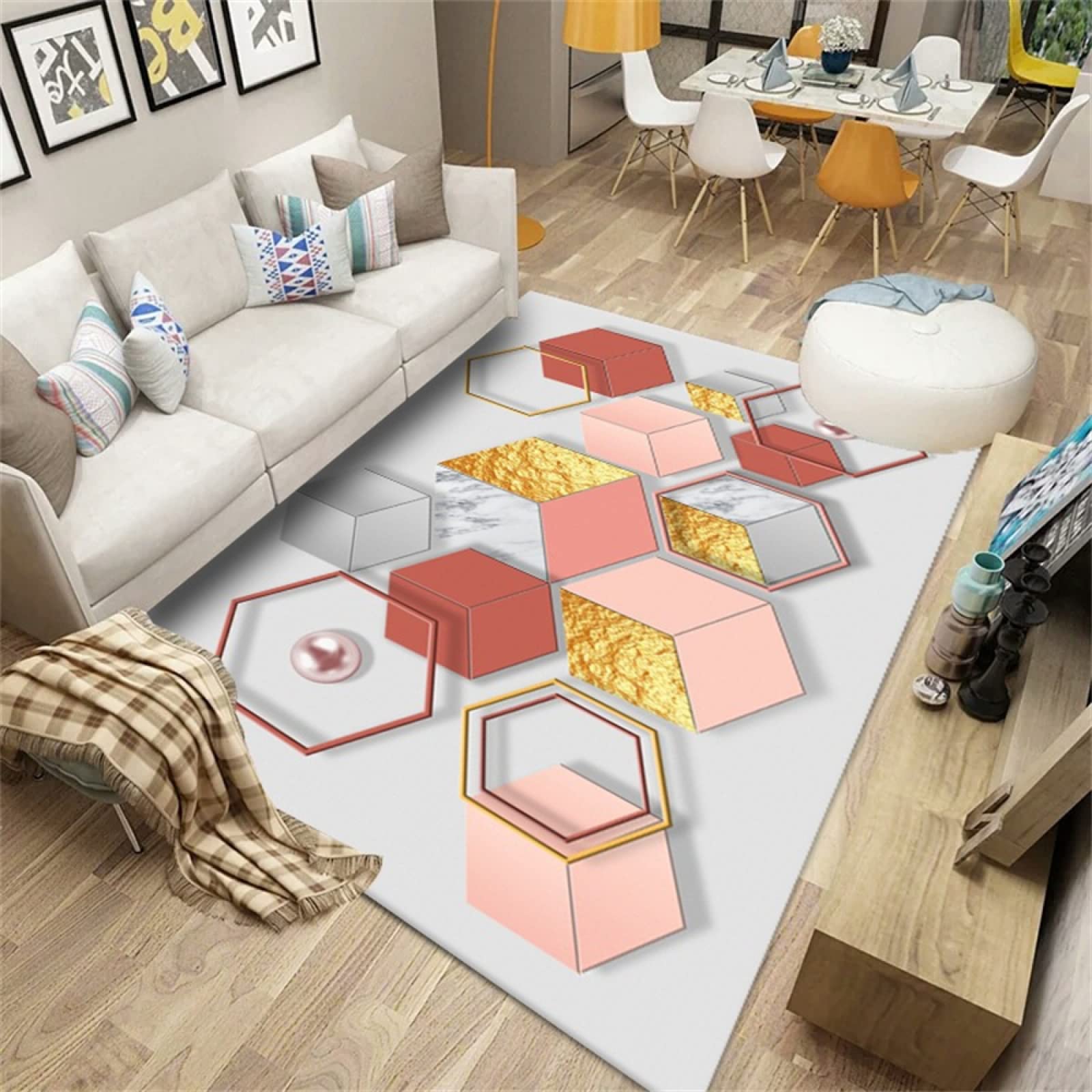 Tapis de salon moderne rose 180x280cm géométrique intérieur extérieur