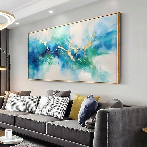Arte abstracto para pared, pintura en lienzo verde, azul y dorado, decoración de pared de fantasía, obra de arte moderna para dormitorio, sala de
