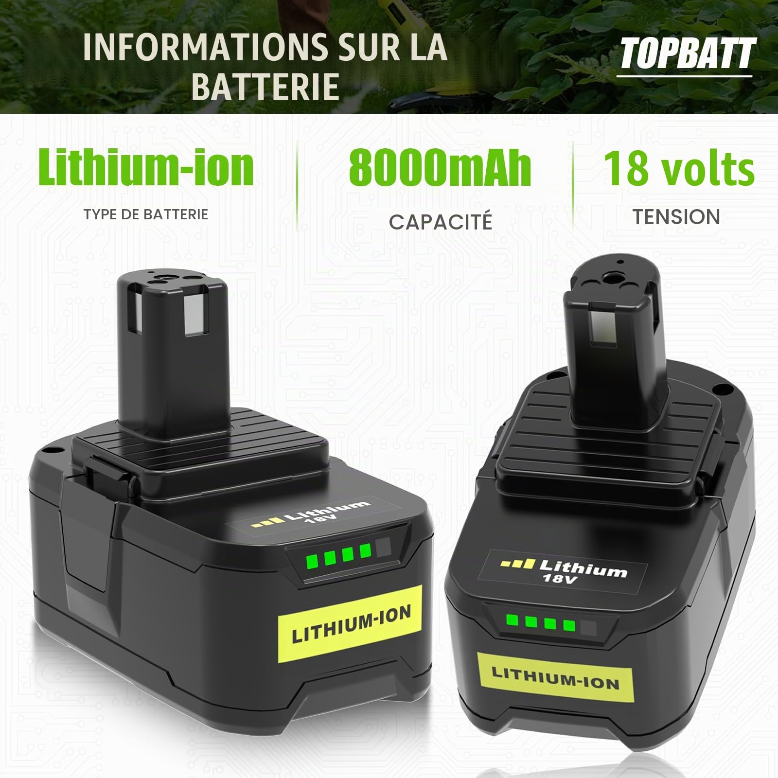 2 X 8000mAh Batterie Compatible pour Ryobi Batterie 18V RB18L13, RB18L15, RB18L20, RB18L25, RB1840X, RB1840T, RB18L50 Batterie