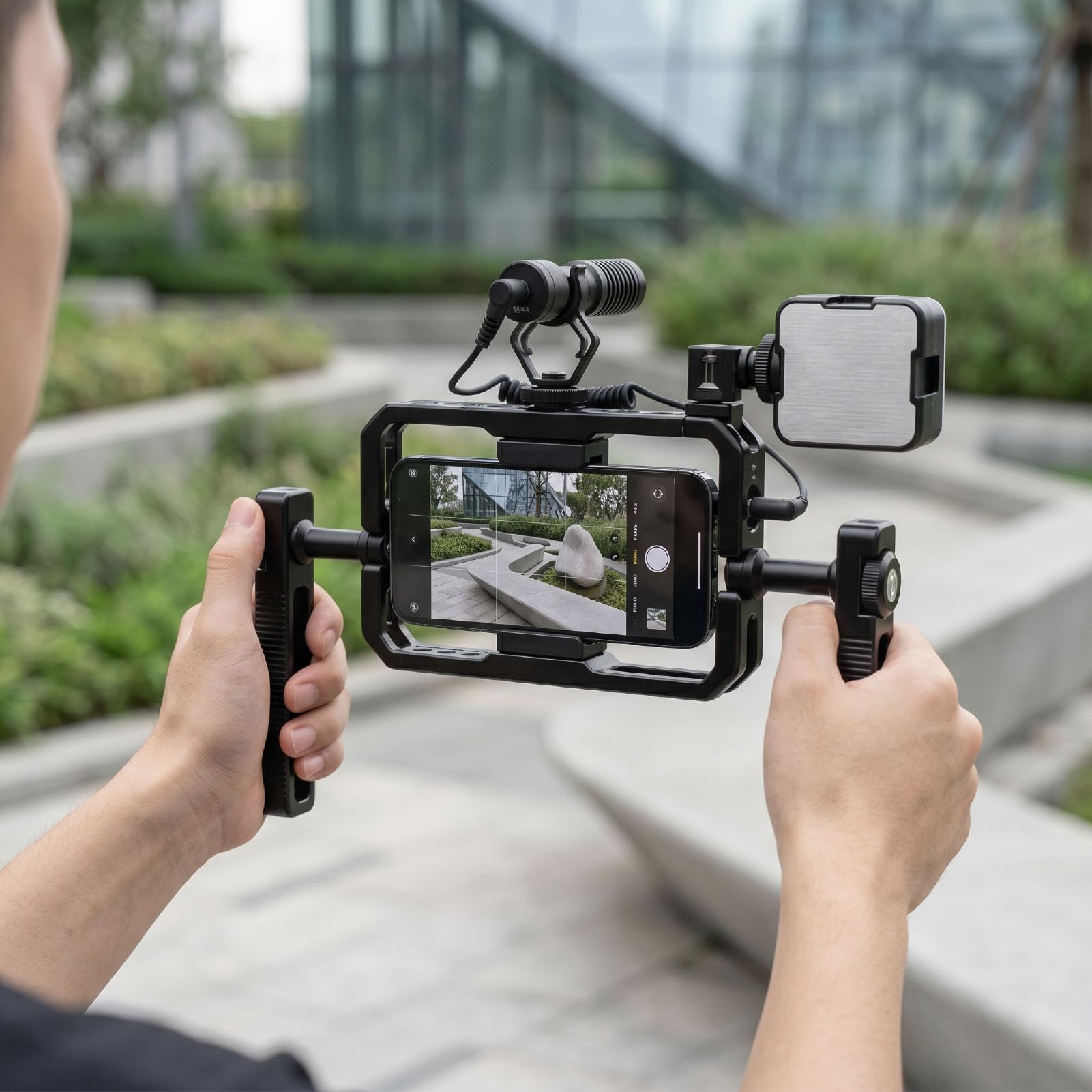 Asixxsix Zestaw Wideo do Smartfona z Podwójnym Uchwytem | Ochrona 360°, Gwint 1/4 Cala, Mocowania Zimnego Buta, Uniwersalne Regulowane Dopasowanie, Aluminium, do Vlogach