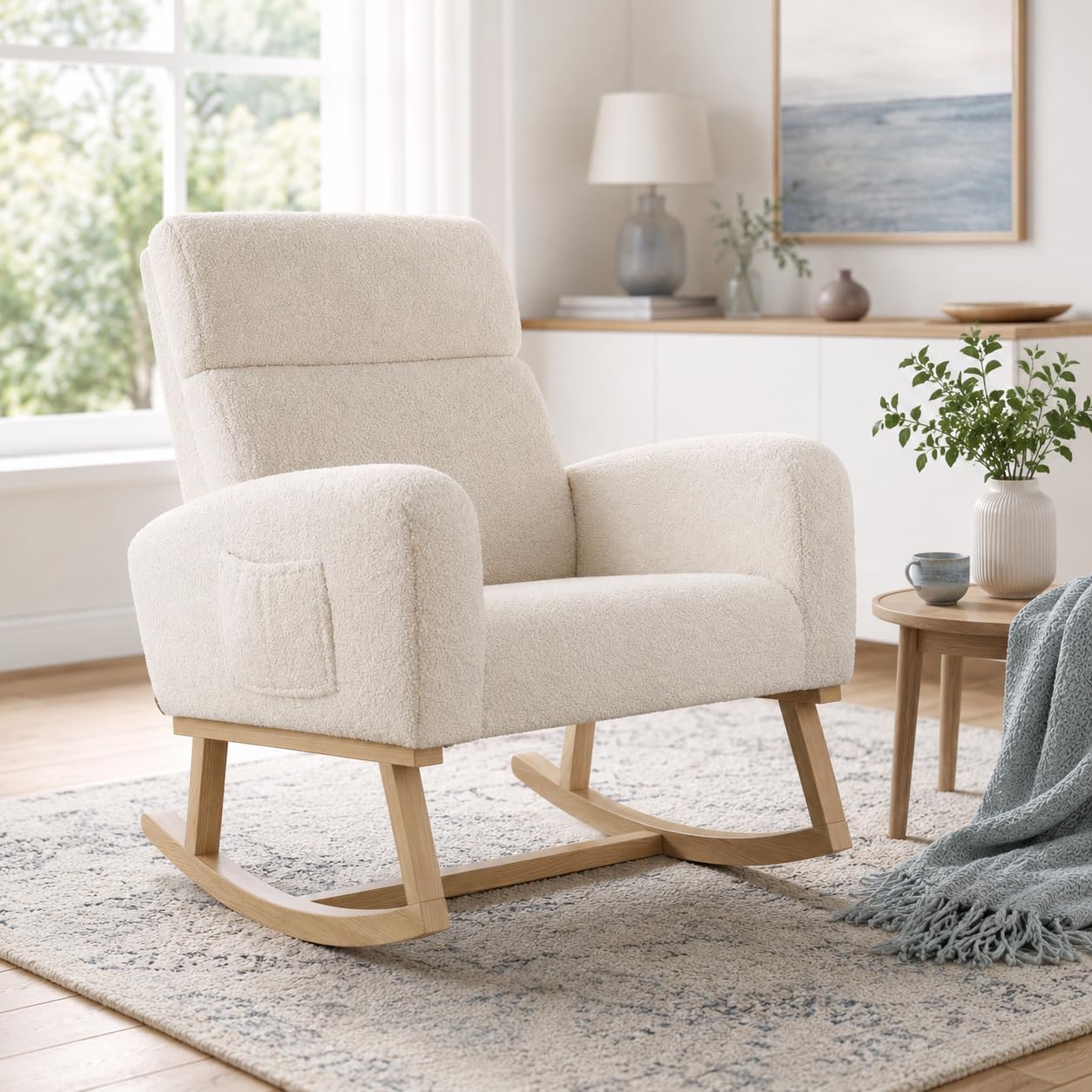 BRILVERDE Sedia a Dondolo, Poltrona Dondolo con Tasche Laterali Gambe in Legno massello, Allattamento al Seno, Sedia per Il Tempo Libero, Adatta per Soggiorno e Camera da Letto (Beige)