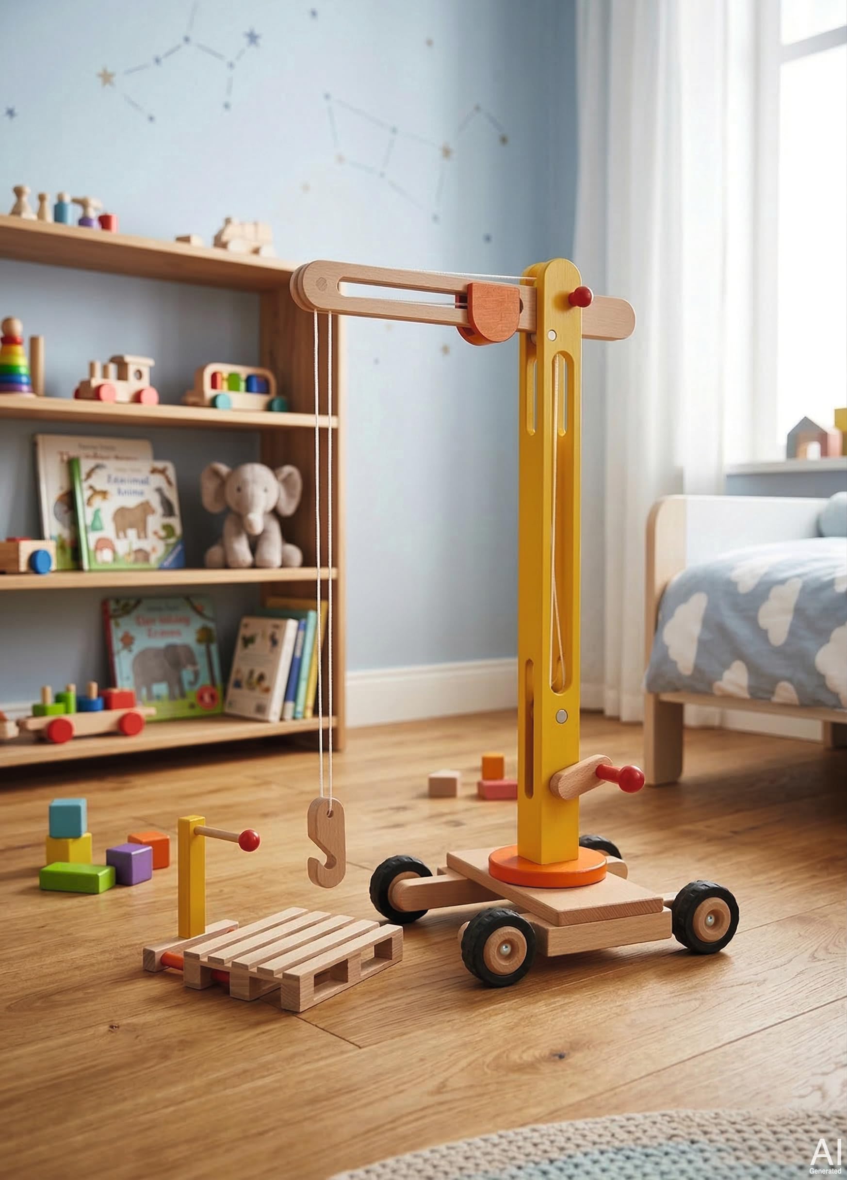 goki Drehkran aus Holz - 64 cm, 360° schwenkbar, mit Gummibereifung und Zubehör - Robustes Material, leichtgängige Kurbeln, inklusive Holzpalette und Palettengabel, sicher für Kinder ab 3 Jahren