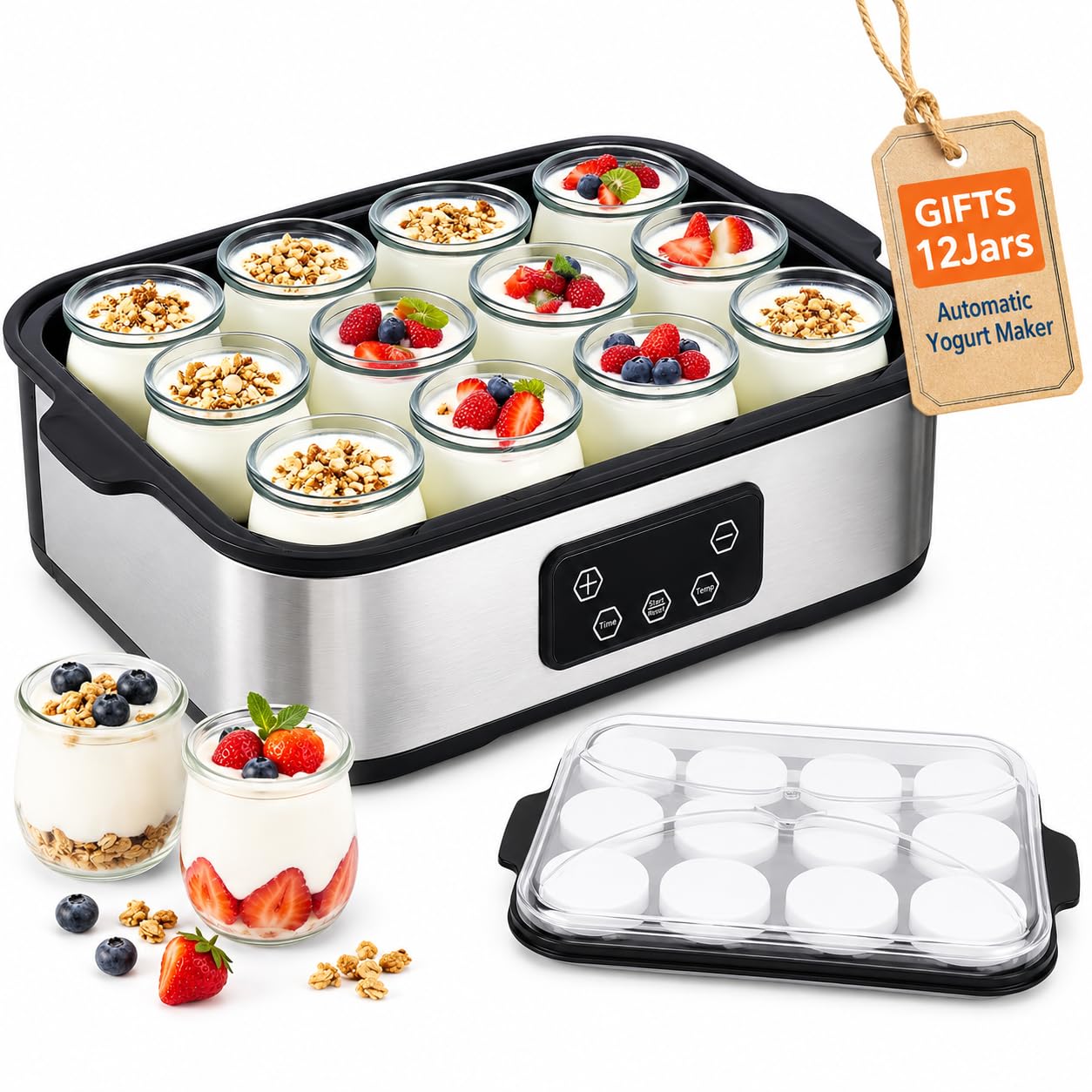 Yogurtera automática con 12 tarros - Máquina eléctrica para Hacer Yogur de 2160 ml, Control de Tiempo y Temperatura Ajustable de 48 Horas, para Postre de Yogur casero Fresco