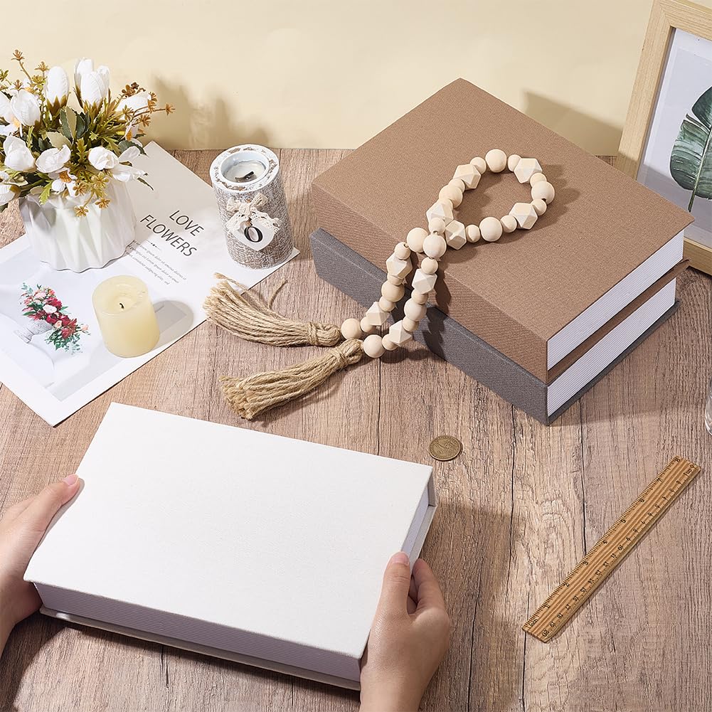 OLYCRAFT 3 pz Libro Decorativo Finto per La Casa, Scatola A Forma di Libro Rivestita in Lino con Ghirlanda di Perline, Set di Libri Finti Impilati in Stile Rustico Boho, Libri Decorativi