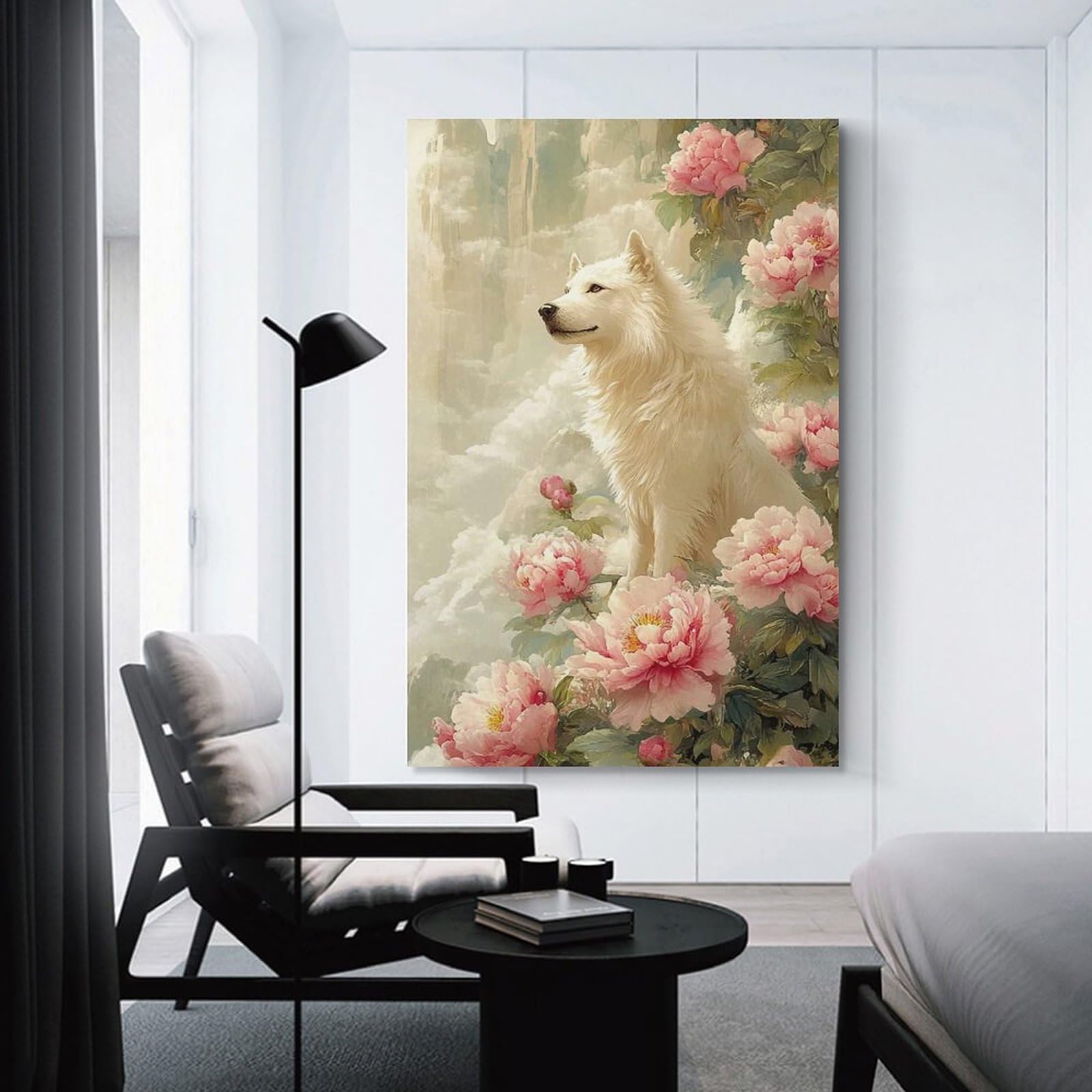 Junmoney Unframe-Style-23 Decorative Canvas Print White Wolf And Peonies, 12X18inch(30X45cm), For Home Office, Desk Area Or Studio, Home Office Artwork With Decorative Appeal
