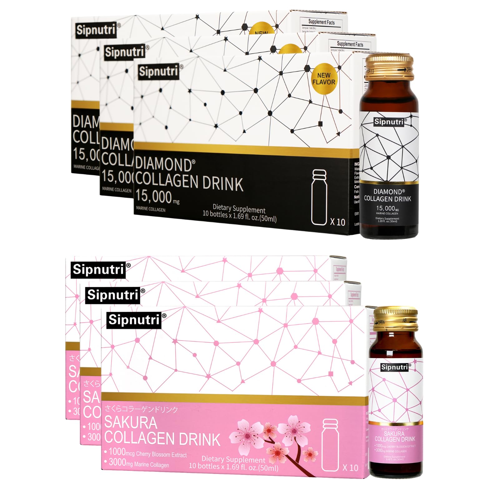 Bundle Diamond Liquid Collagen Drink 15 000 mg 50 ml x 30 Sakura Collagen Drink 3 000 mg