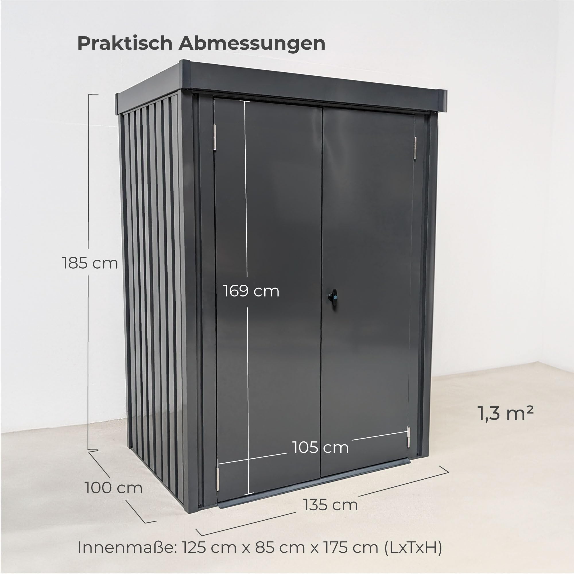 Gerätehaus Metall 1,3m² | Premium Geräteschuppen 98 x 133 x 185cm Gasdruckdämpfung