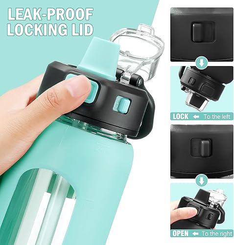 Miniatura 9 de Kodrine Botella de agua con popote y asa de transporte, botella de agua de vidrio de 24 onzas con tapa de bloqueo a prueba de fugas con boquilla de