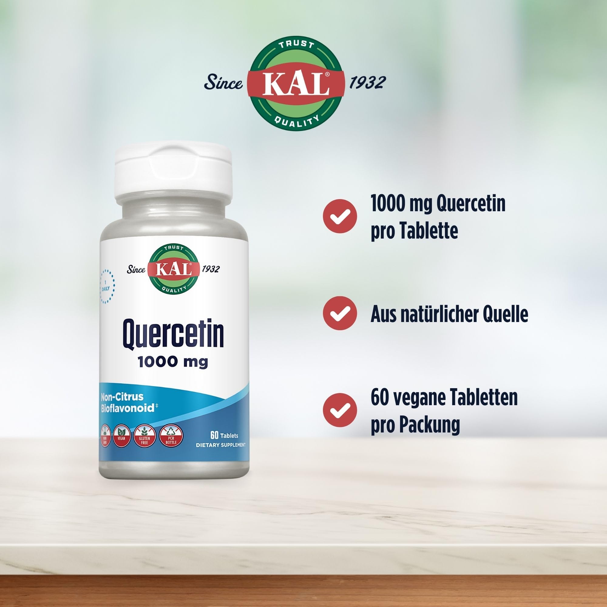 KAL Quercetin | 1000mg | 60 Tabletten | vegan | glutenfrei | ohne Gentechnik | laborgeprüft | Nahrungsergänzungsmittel mit Bioflavonoiden | Verbesserung der Aufnahme & Verweildauer von Vitamin C