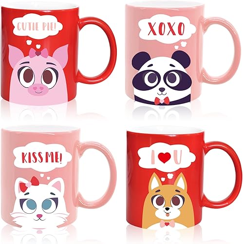 Whaline Juego de 4 tazas para el día de San Valentín 11 onzas color rojo rosa lindo animal taza de café de cerámica a juego tazas de fiesta para el