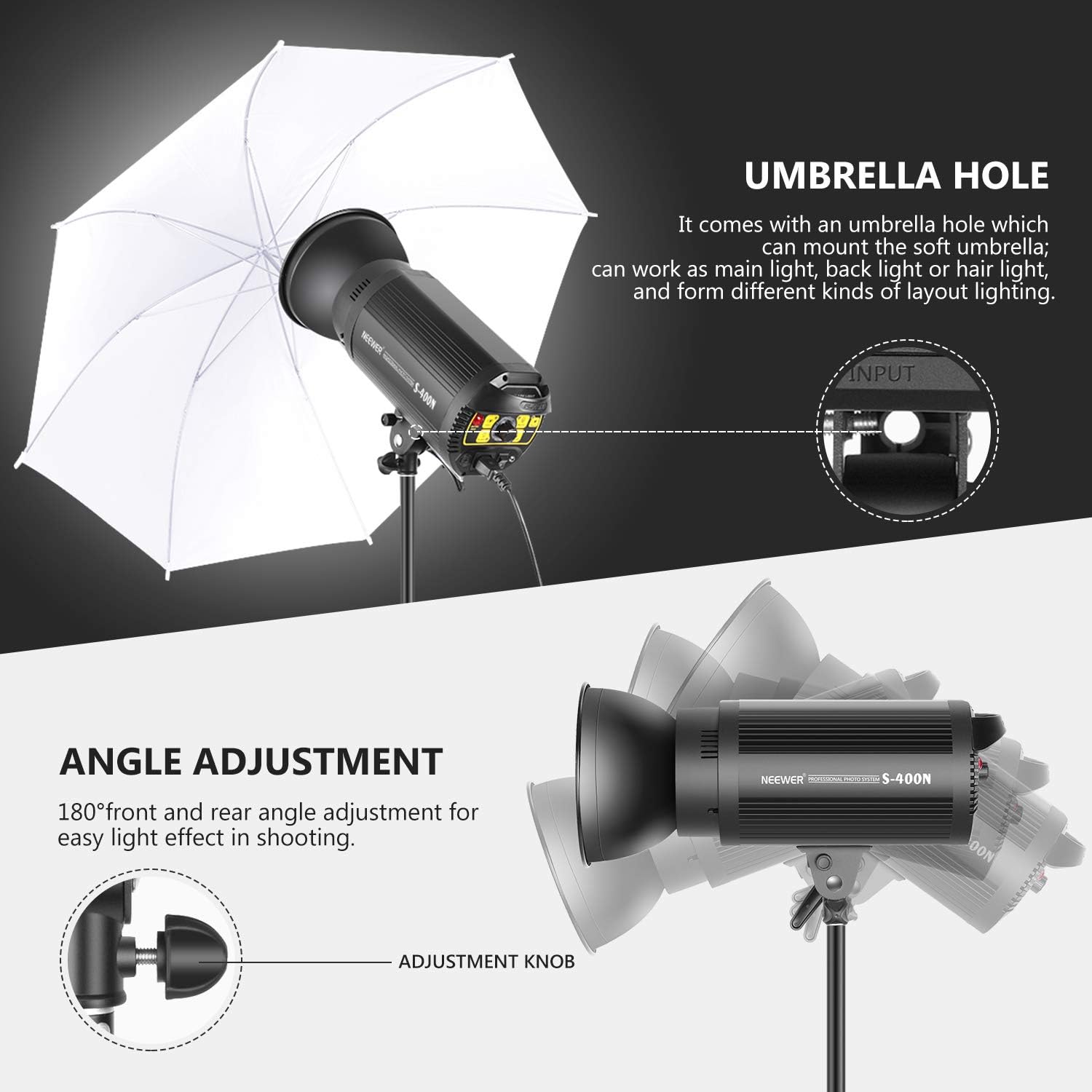 Neewer S400N Studio Strobe Light mounted on a stand with an umbrella
