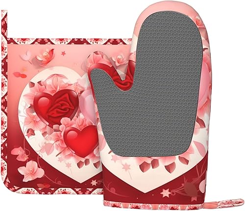 Miniatura 9 de Manoplas para horno, juego de soportes para ollas, hermosas flores, corazones rojos, guantes de silicona para horno, accesorios de cocina para