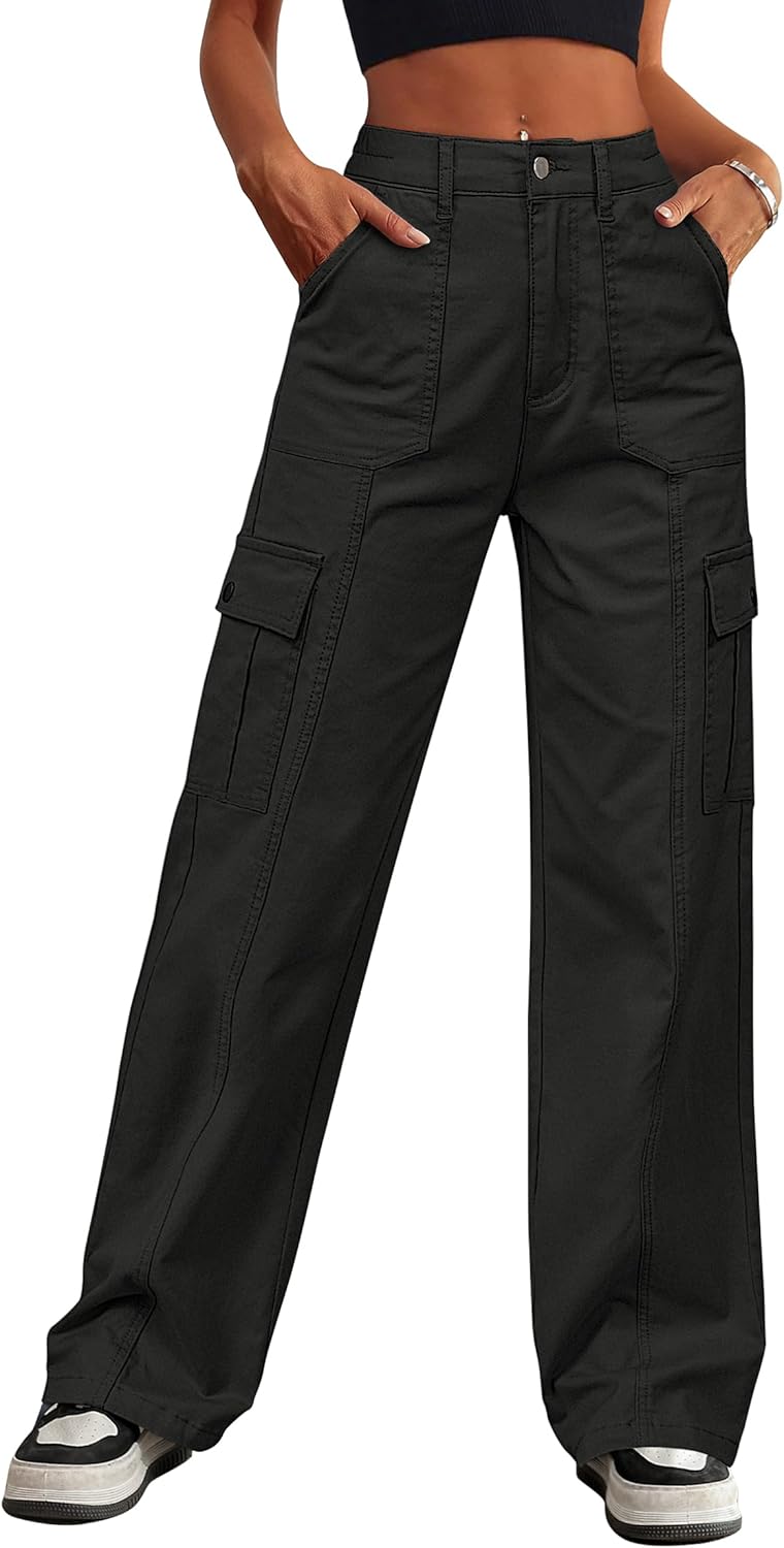 Eddoyee Cargo Pants for Women Drawstring Ankle Cuffs Stretch High Waisted 6 Pockets Straight Wide Leg Jean Casual Baggy Pants