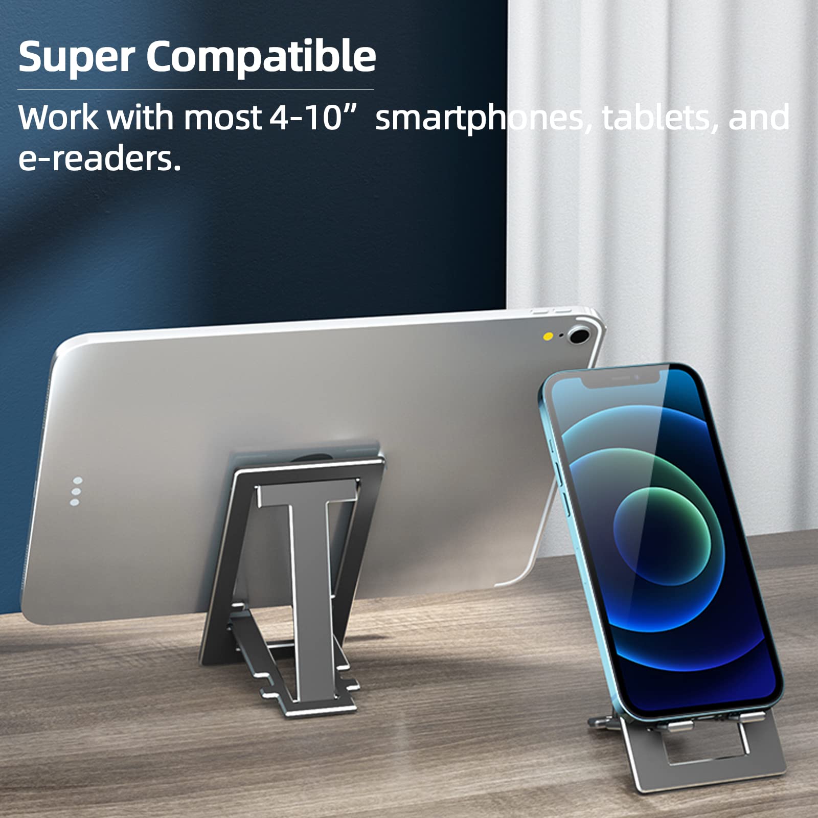 ULIKTO Cell Phone Stand Fully Foldable Height Adjustable Desktop Phone Holder Aluminum Alloy Phone Mount for Desk/Office Compatible with iPhone Samsung S21 S20 iPad Mini Tablets Up to 10” (Black)