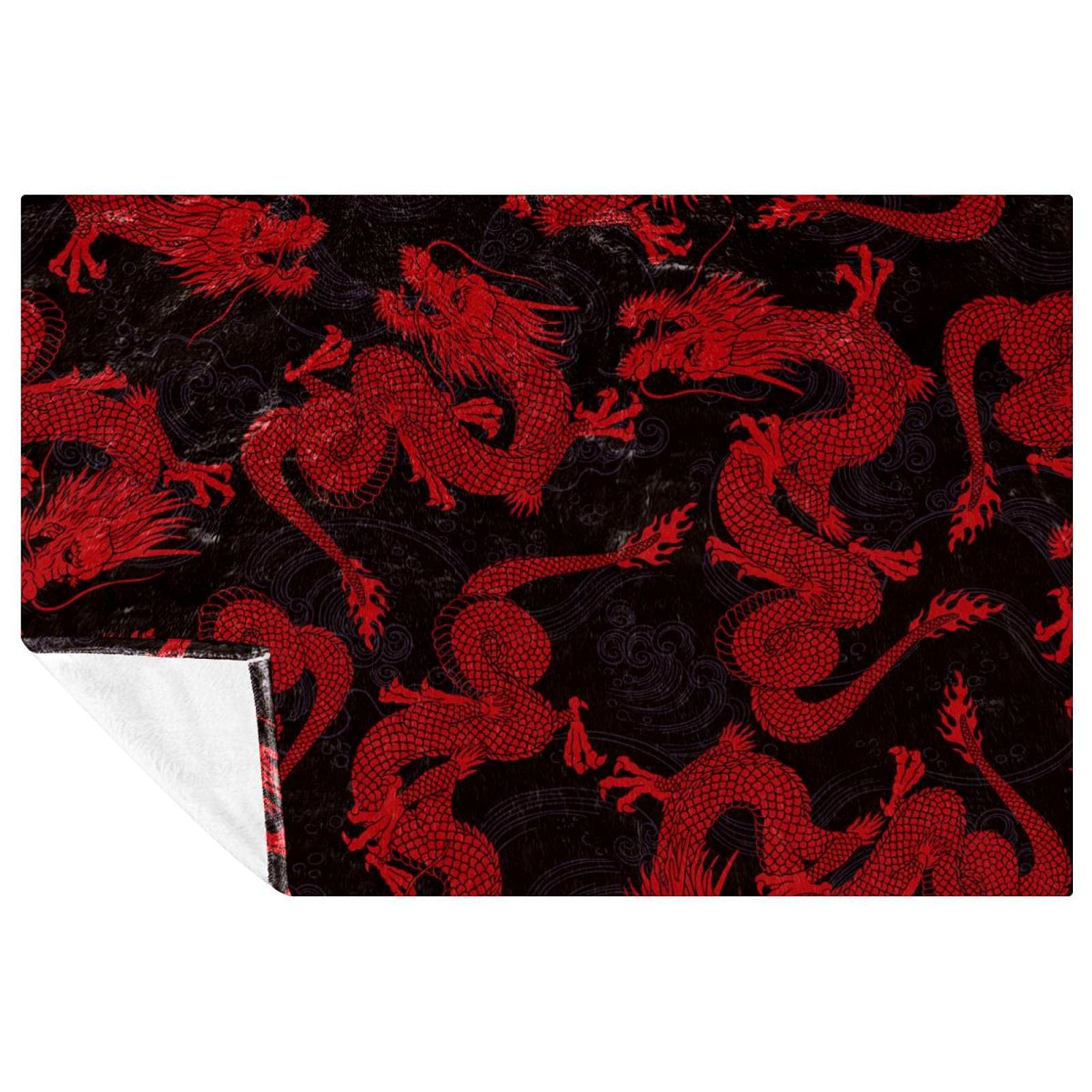 Couverture douce chaude dragon chinois rouge 150x100 cm | Plaid de canapé jeté de lit