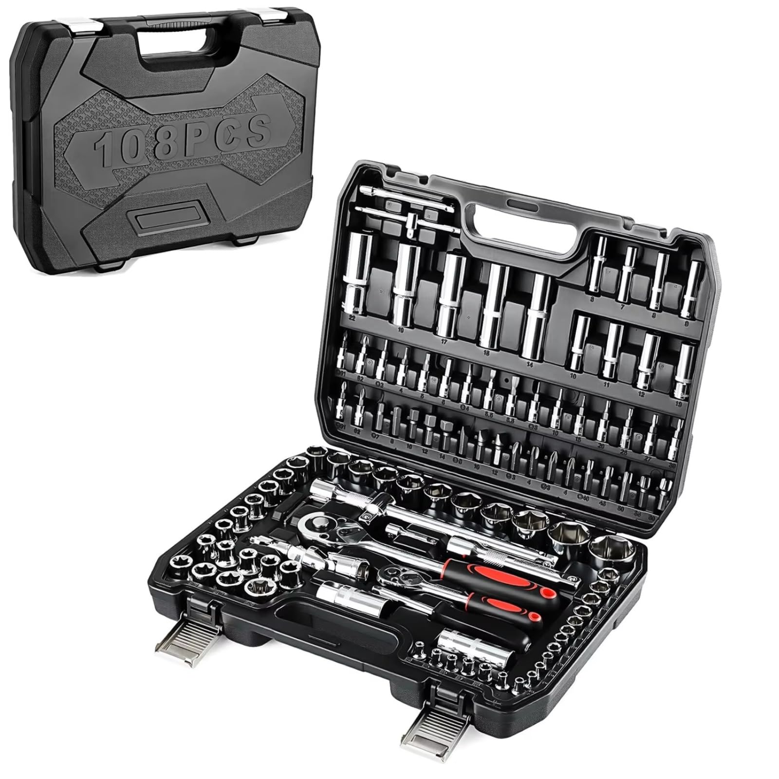 Cassetta Attrezzi Completa Set Di Chiavi A Bussola Da 108 Pezzi Set Di Chiavi A Cricchetto Scatola A Cricchetto Reversibile Da 1/2"1/4" Cassetta Degli Attrezzi Per Auto Moto Bicicletta Casa