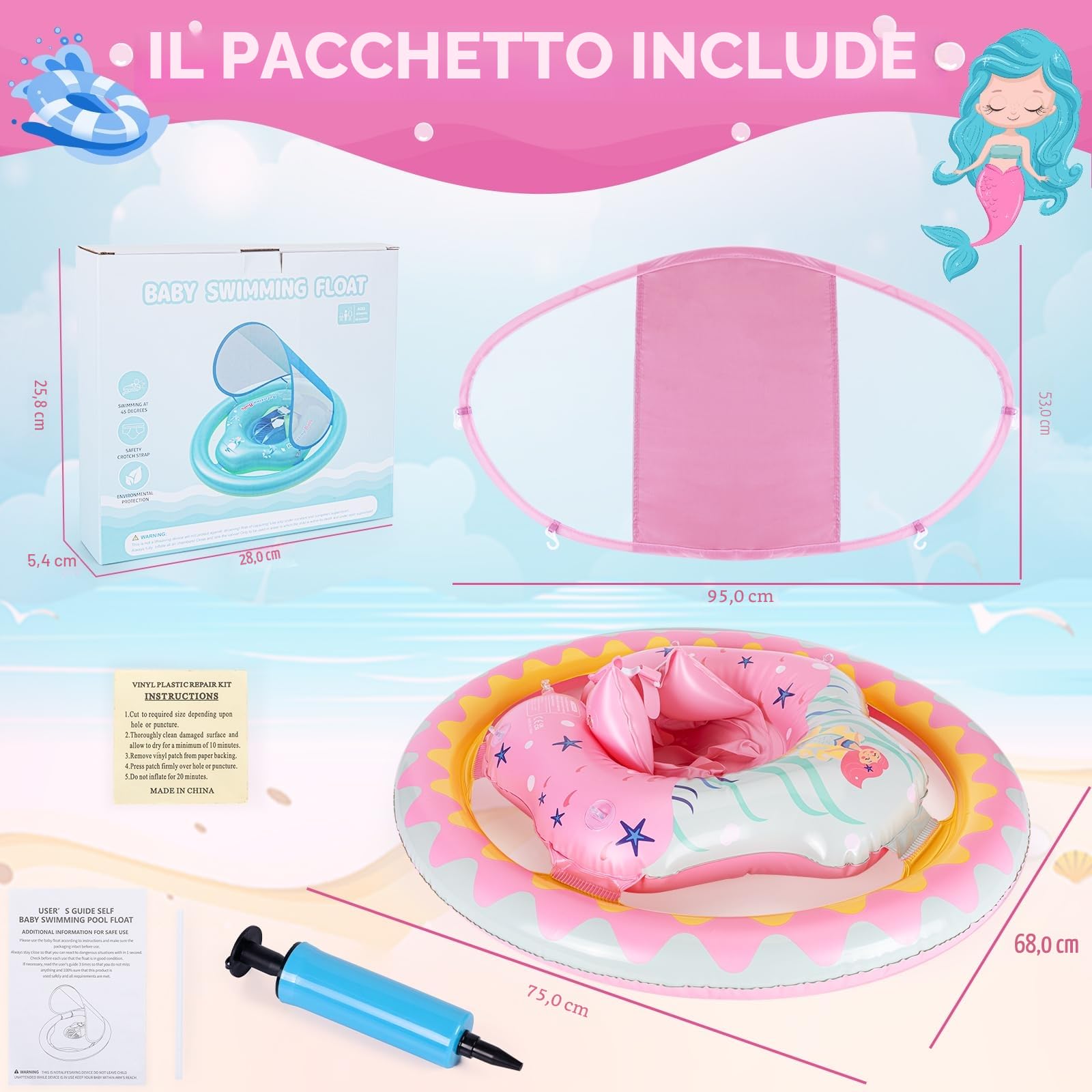 Thedttoy Salvagente Neonato 6-36 Mesi galleggiante gonfiabile piscina con doppio airbag & Tettuccio Parasole, sedile di sicurezza regolabile nuoto galleggiante per bambino Ragazze 1 2 3 Anno (Rosa)