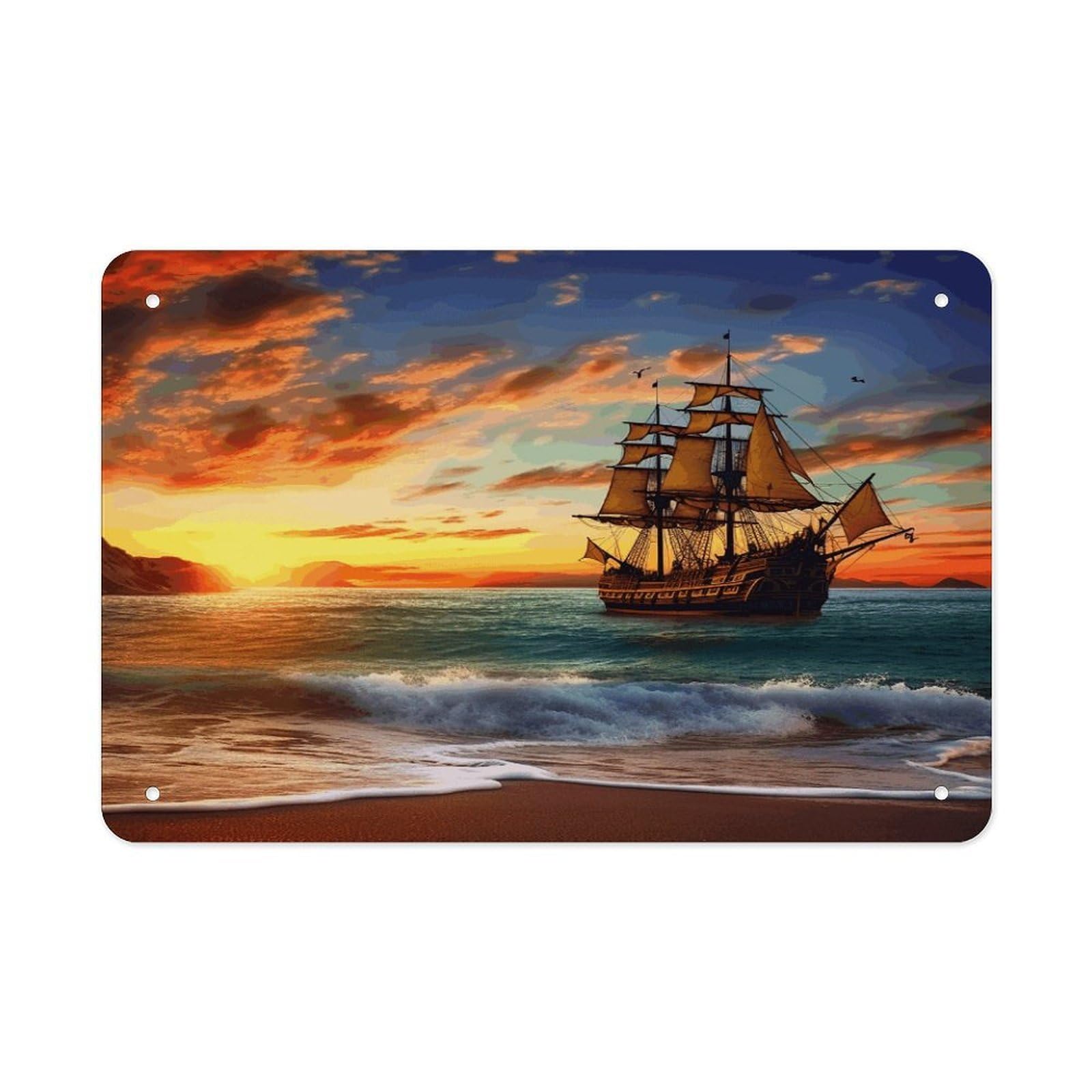 Pirate Ship in The Sunset Metal Tin Sign 12"x8" Wall Art Prints Poster Decorative Picture Metal Signboard Decor Painting Folded Edge Iron Sheet Painting with Holes for Wall Decor