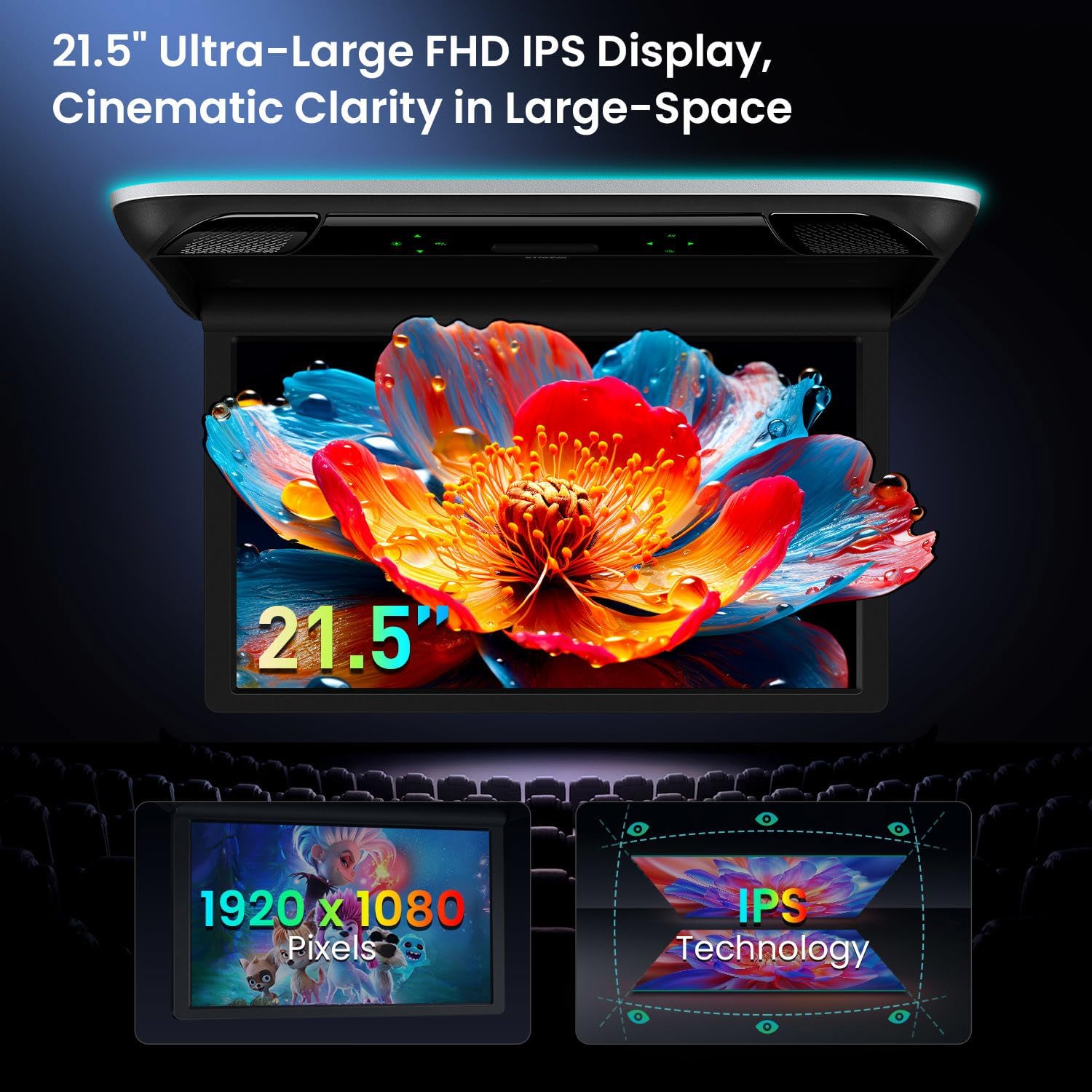 XTRONS 21.5 Inch Car Overhead Player, 16:9 Ultra-Thin FHD IPS Screen Car Roof Mounted Monitor with Built-in Stereo Speakers, Flip Down TV Support IR, HDMI, USB, SD Card, AV Input