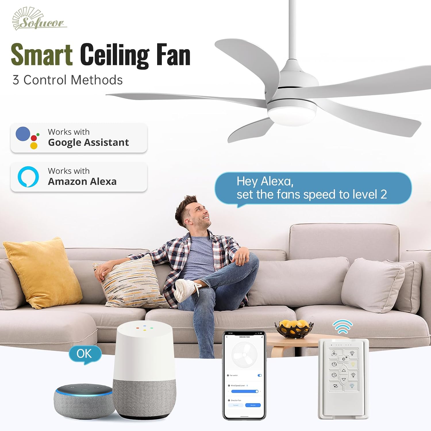 Sofucor 52 Inch Smart Ceiling Fan with Light, Modern Ceiling Fan with Dimmable Memory LED, Compatible with Alexa/Google/App, 6 Speeds 5000CFM, Timer Quiet Reversible DC Motor, 5 Plastic+ABS Blades