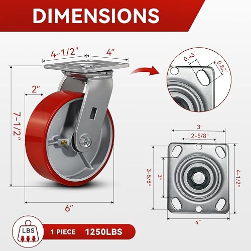 Miniatura 2 de Ruedas industriales de 6 x 2 pulgadas, ruedas resistentes, ruedas de poliuretano, capacidad de hasta 5000 libras. Uso para camión de plataforma,