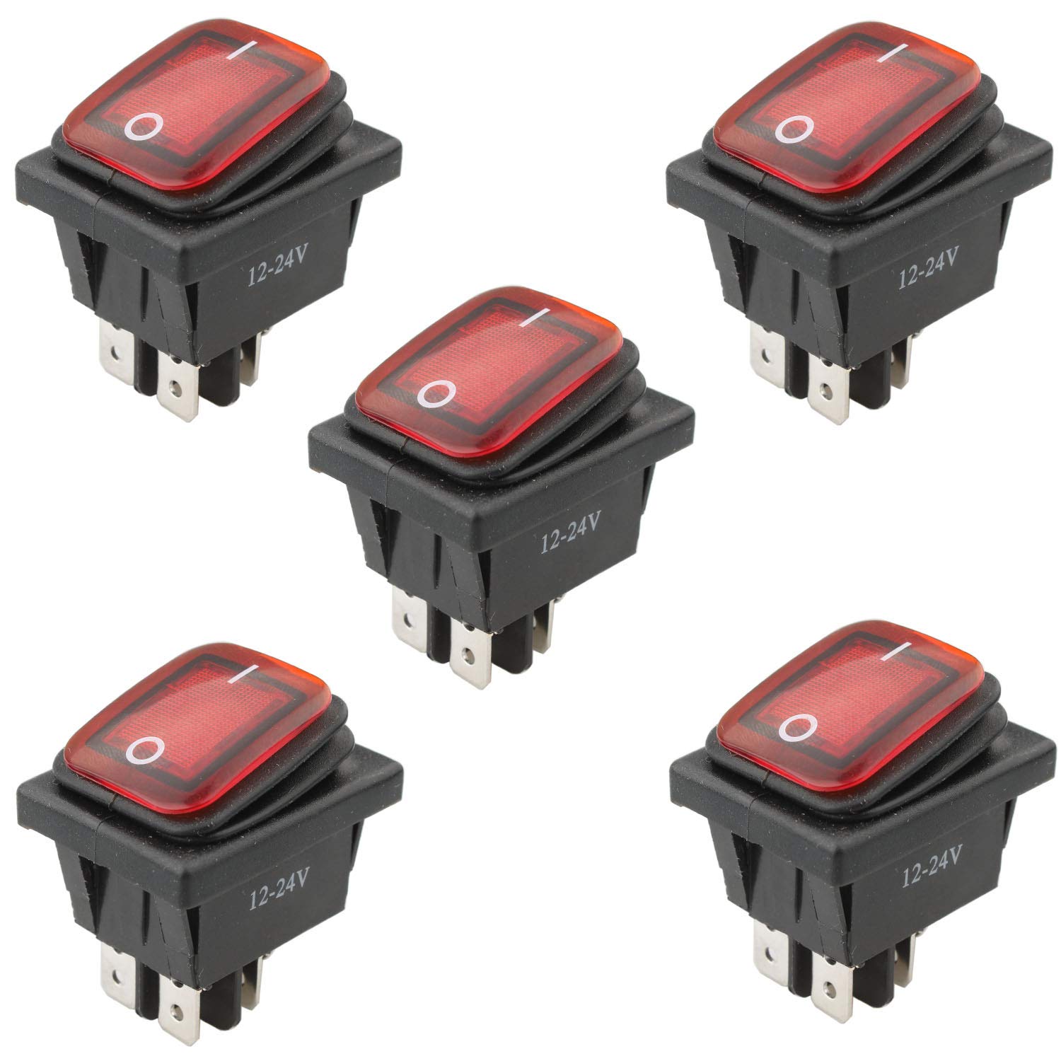 5 Piezas 4 Pin 2 Posiciones 12V 24V 20A Interruptor Impermeable Basculante con indicador LED, Interruptor Basculante ON-OFF DPST,para Coche,Barco,Electrodomésticos（luz roja）