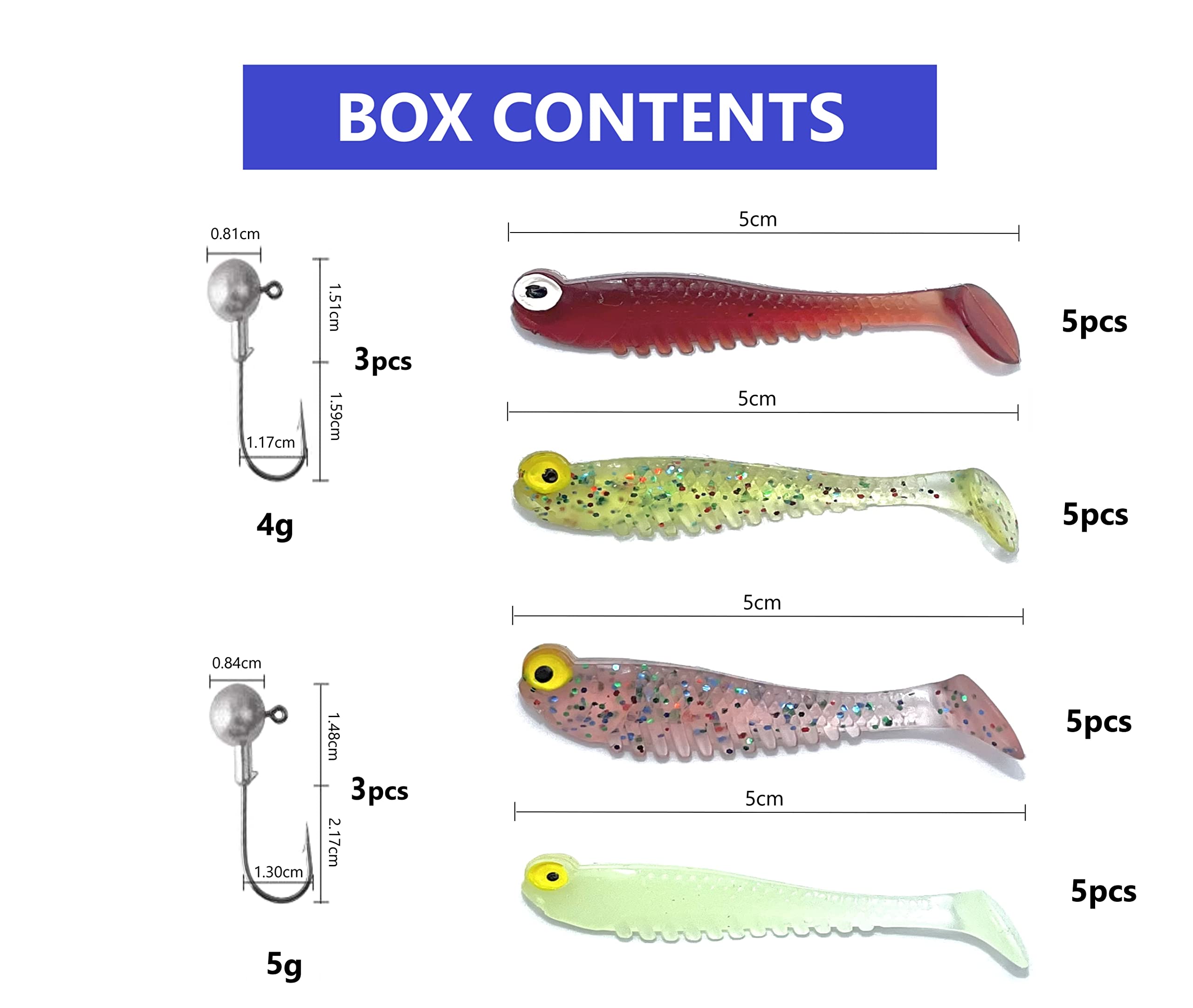 Fhioevt 5-delige kunstaas set met rubbervissen en jigkoppen - Paddelstaart kunstaas voor forel, snoekbaars en baars (11 cm) - Geschikt voor zoet en