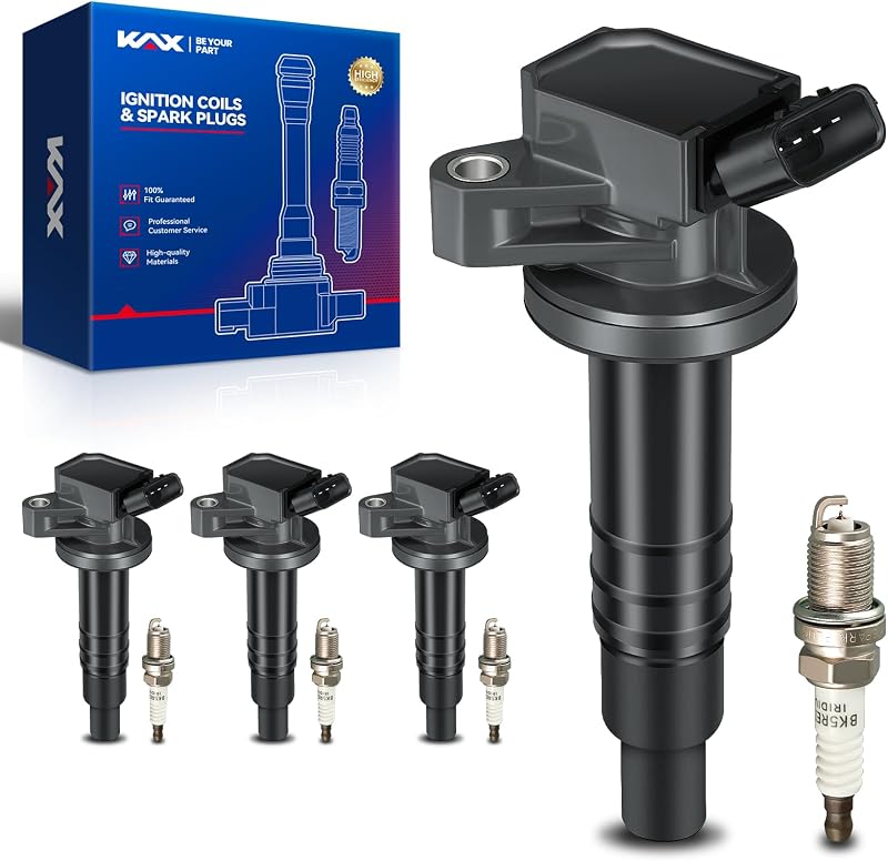 Kit de 4 bobinas de ignição KAX UF247 com 4 velas para Toyota Corolla, Matrix, Celica, MR2 Spyder, Pontiac Vibe e Chevrolet Prizm – Conjunto