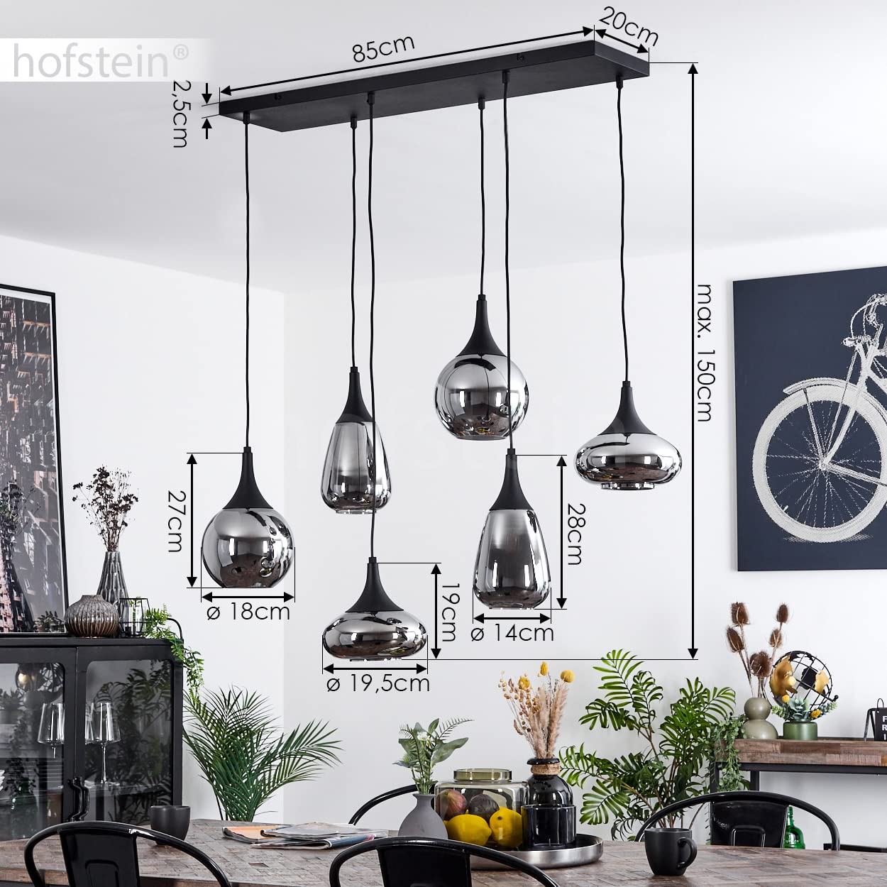Lampada a sospensione Maynal, lampada in metallo/vetro in colore nero/cromo, lampada dal design moderno con paralumi in vetro, 6 luci, altezza massima 150 cm, 6 x E14, senza lampadina/e