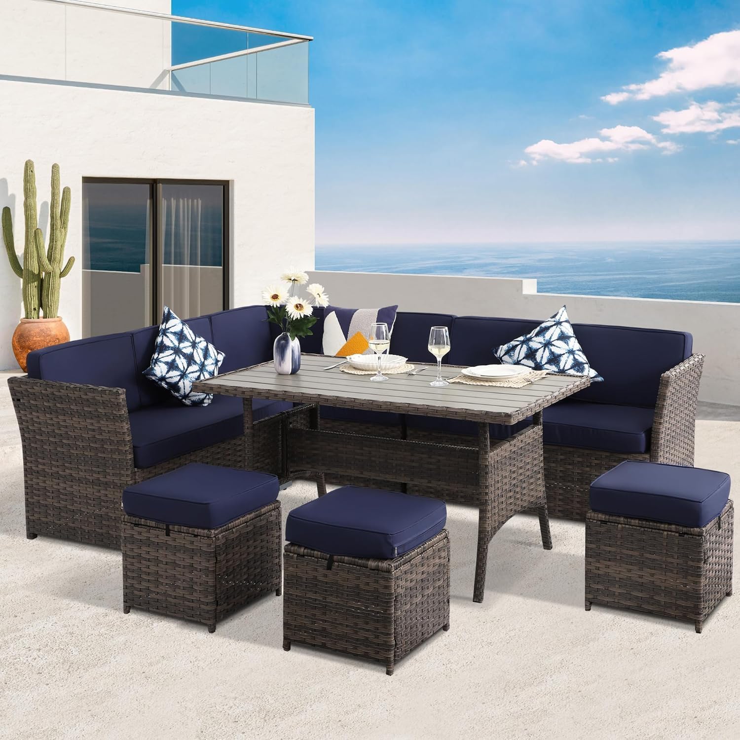 7 Pieces Patio Dining Sets, Patio Furniture Set, All Weather Wicker Conversation Set with Ottoman, Sectional Sofa with Dining Table and Chair (27Navy)