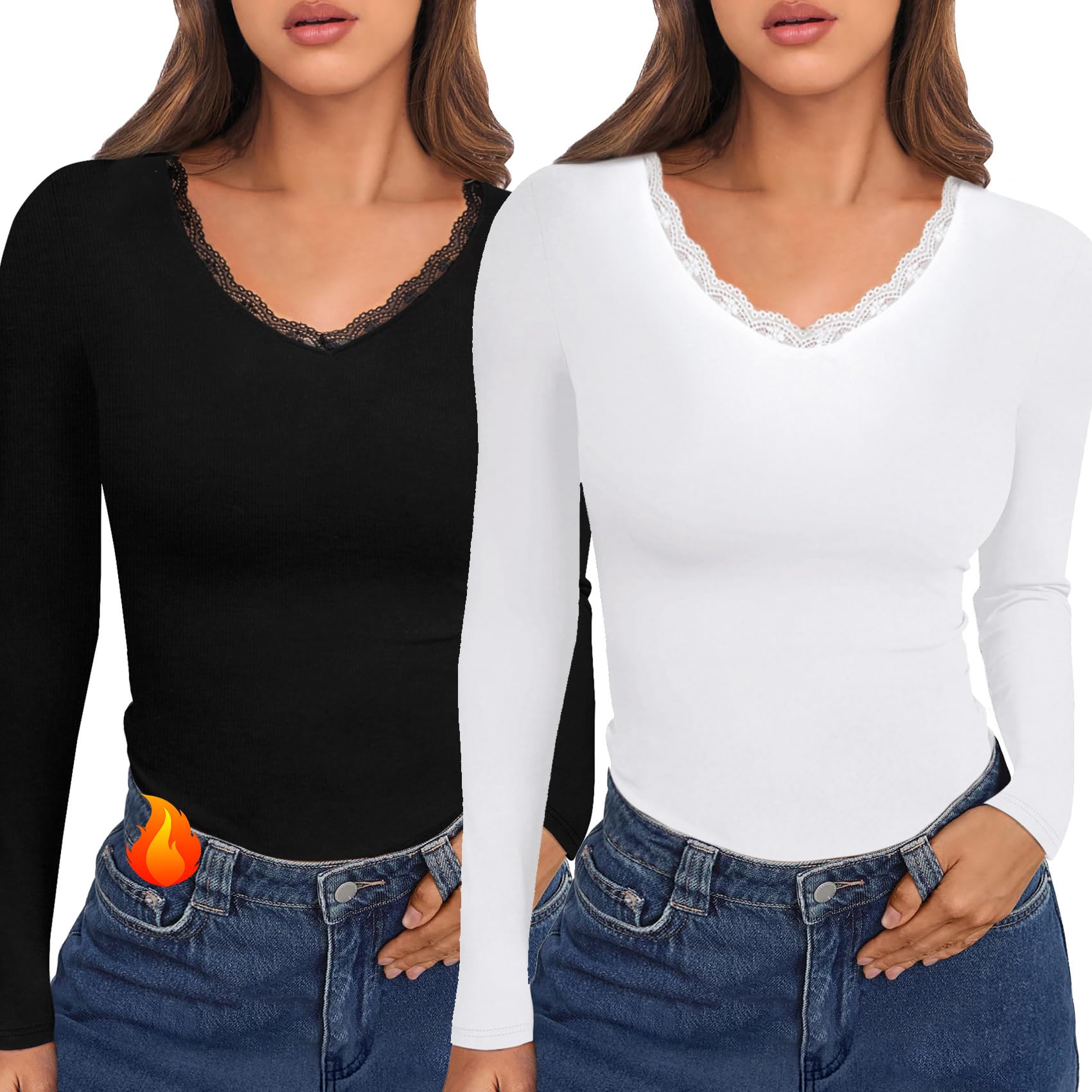 Women's Thermal V-Neck Long Sleeve Thermal Lace T-Shirt Basic T-Shirt Slim Fit for Winter Autumn-image-26