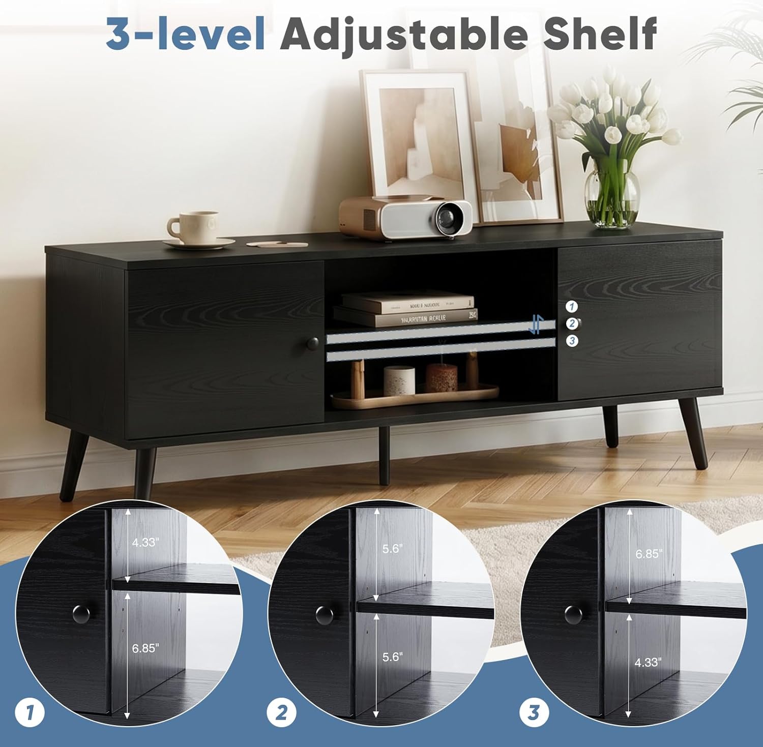 DUMOS TV Stand for 55 60 inch TV, Modern Mid Century Entertainment Center with Storage, Wooden Media Console Table with 2 Cabinets, for Living Room, Bedroom, Black