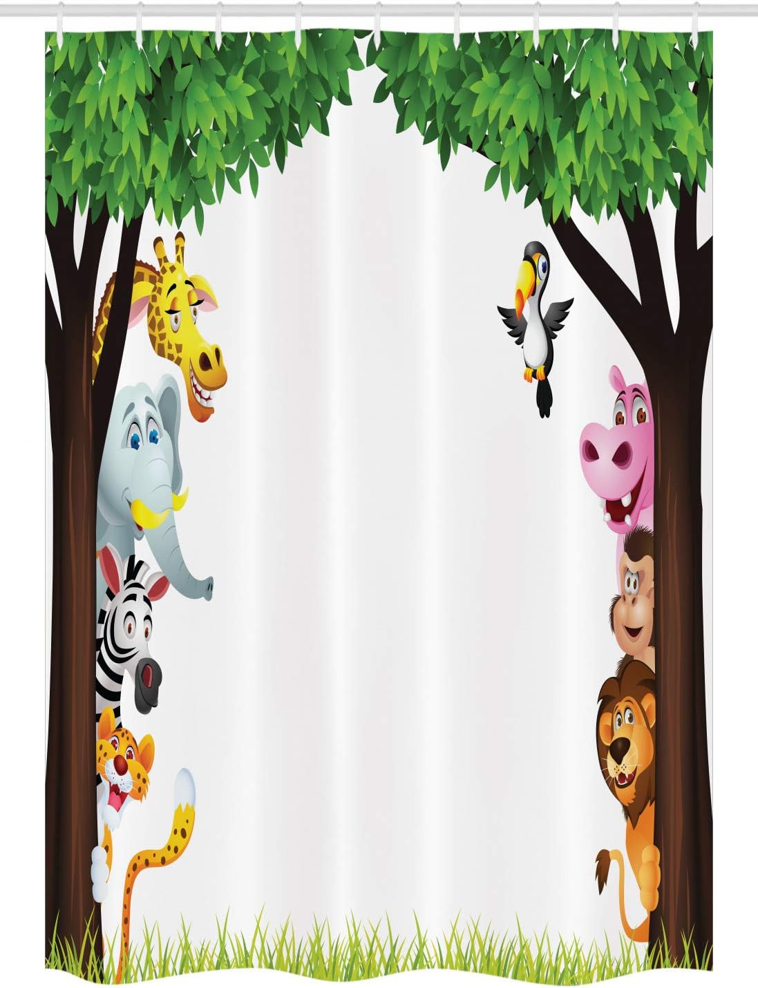 Ambesonne Cartoon Stall Shower Curtain, Big Trees and Friendly Jungle Savannah Animals Wilderness Tropical Wildlife, Fabric Bathroom Decor Set with Hooks, 54" W x 78" L, Green Multicolor