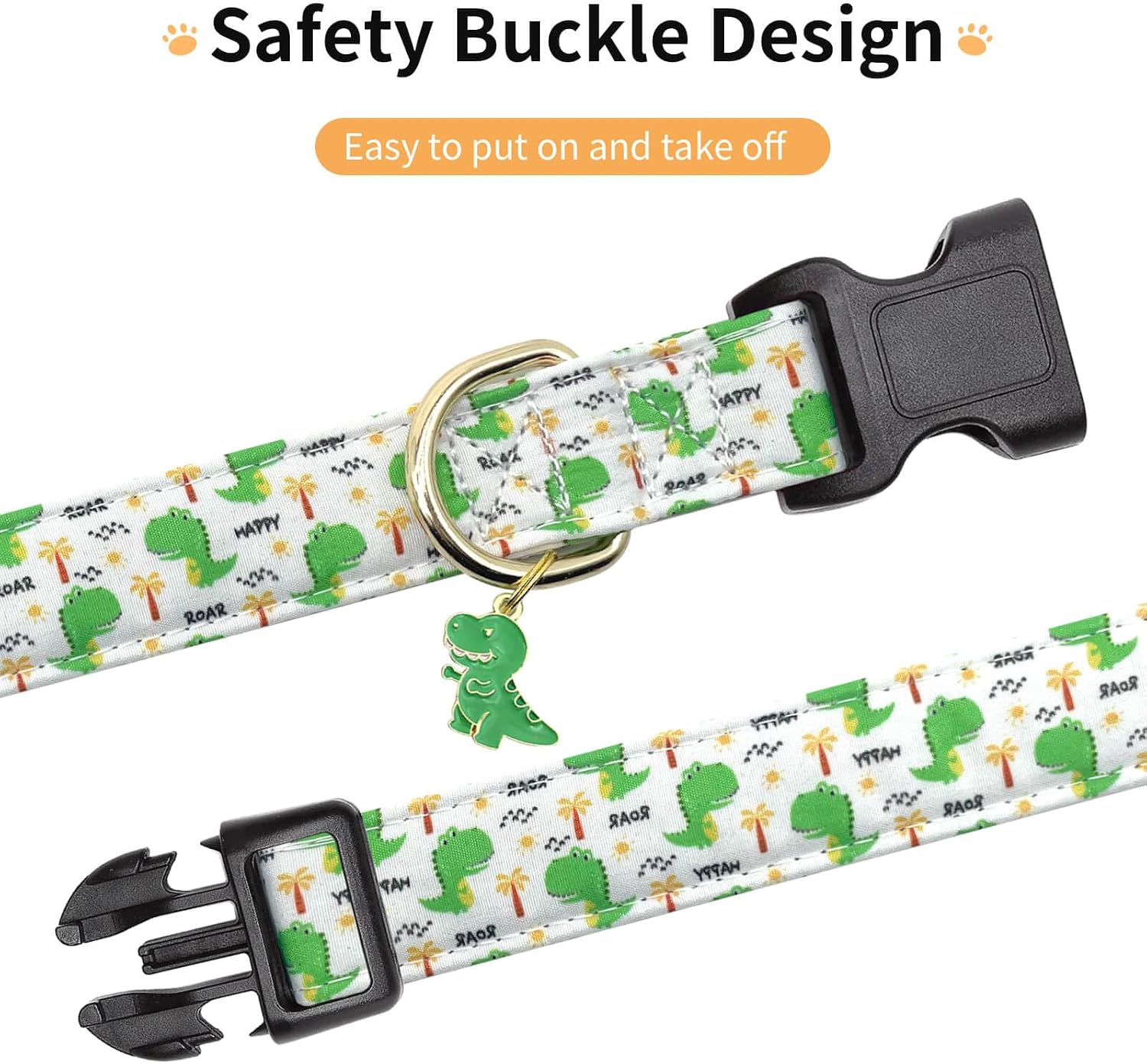 Cotton Dog Collar,Adjustable Cute Puppy Collar with Moon Patterned Design for Small Medium Large Dogs,Soft and Fancy Pet Collar with Safety Buckle for Girl Boy Dogs (Green Dinosaur, L) image 4