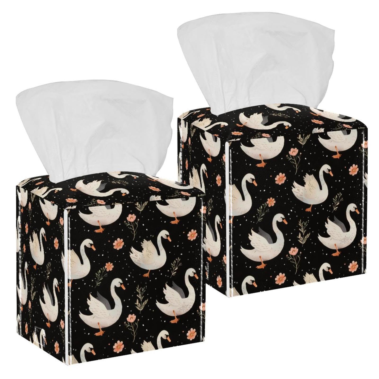 Swans Pattern Tissue Box Cover, 2 Pack PU Leather Square Facial Tissue Dispenser Box holder for Home Office Car