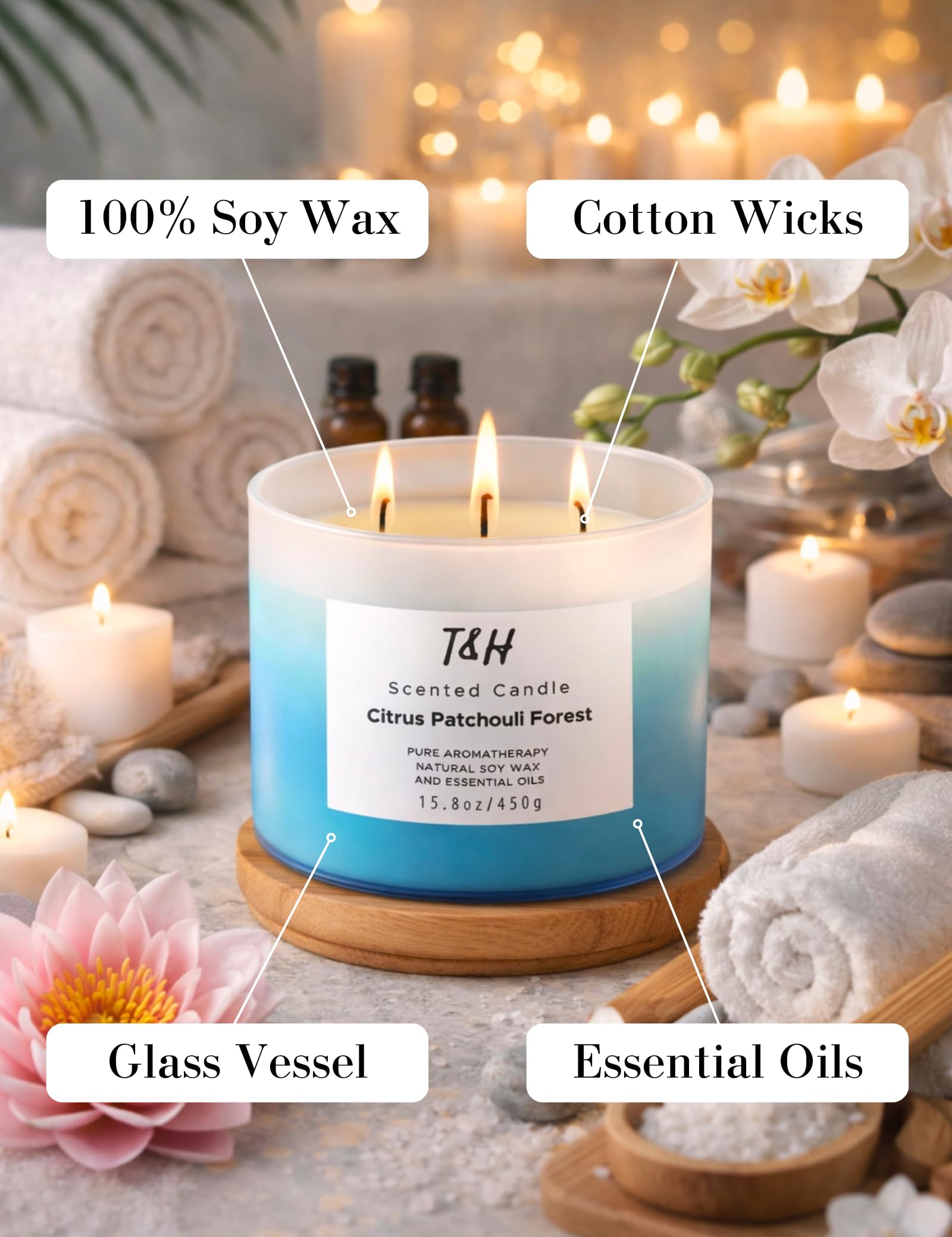 Zitrus-Patchouli-Waldkerze für Zuhause, natürliche 3-Docht-Soja-Kerze, beruhigende Aromatherapie-Kerze, Geschenk für Damen und Herren, 450 ml, große entspannende Kerze, stark duftend