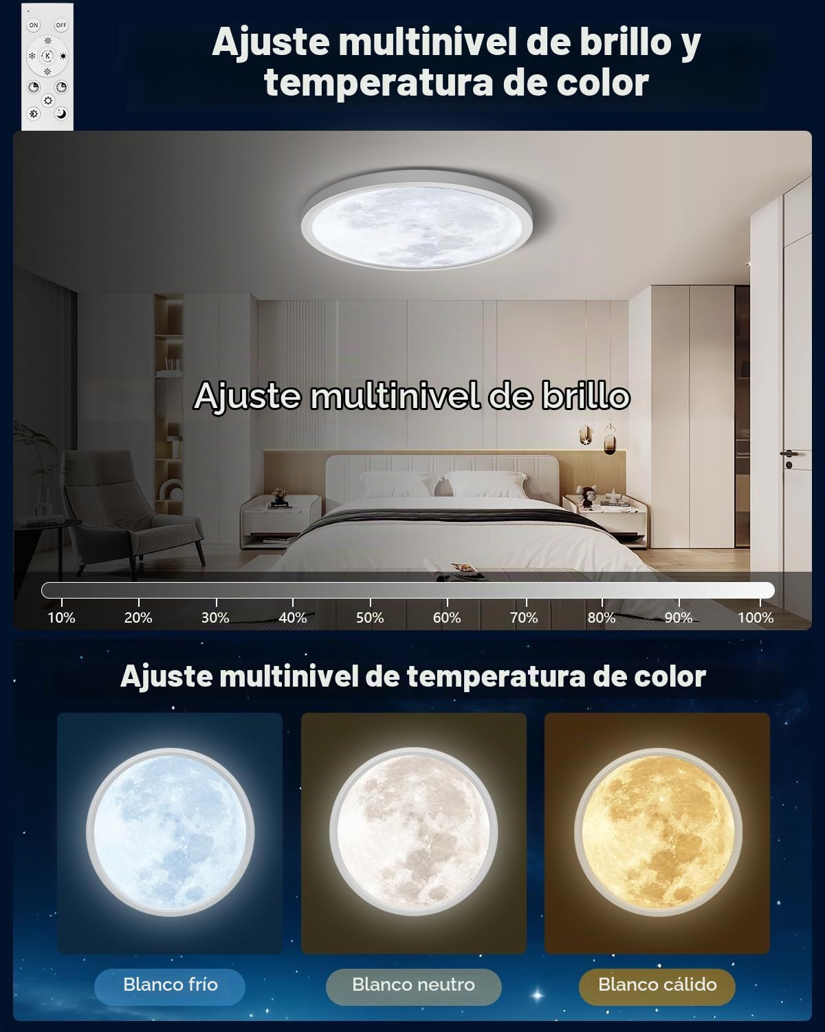 Lámpara de Techo LED Ø30 cm 24W 2800 lm CCT 3000-6500 K Moonlight | IP44 impermeable, regulable, con memoria y temporizador, ideal para dormitorio, habitación infantil, cocina comedor y pasillo