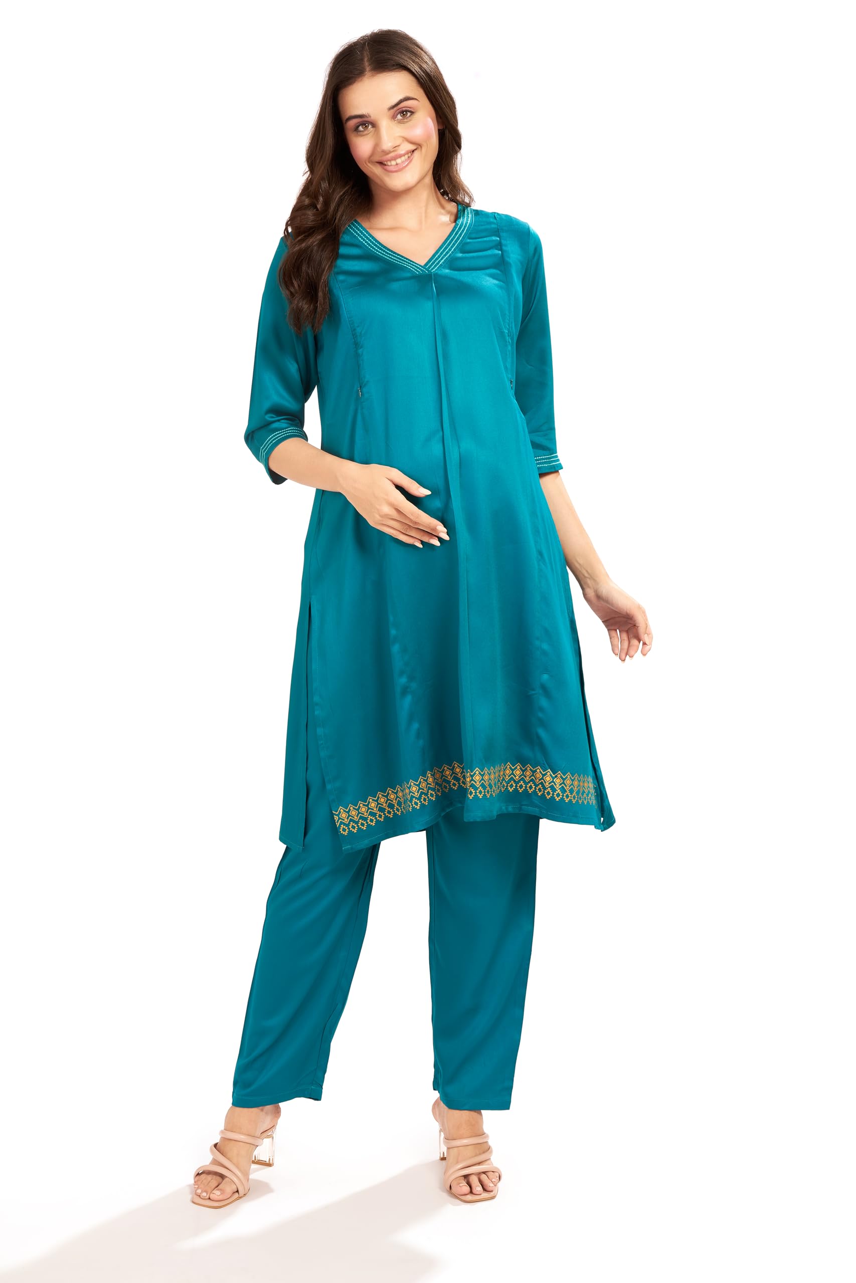 Maternity Nursing and Feeding Kurta Set | Nursing Zippers | Pre and Post Pregnancy | Raw Silk |Feeding Kurta Set -Set- 5174-image-8