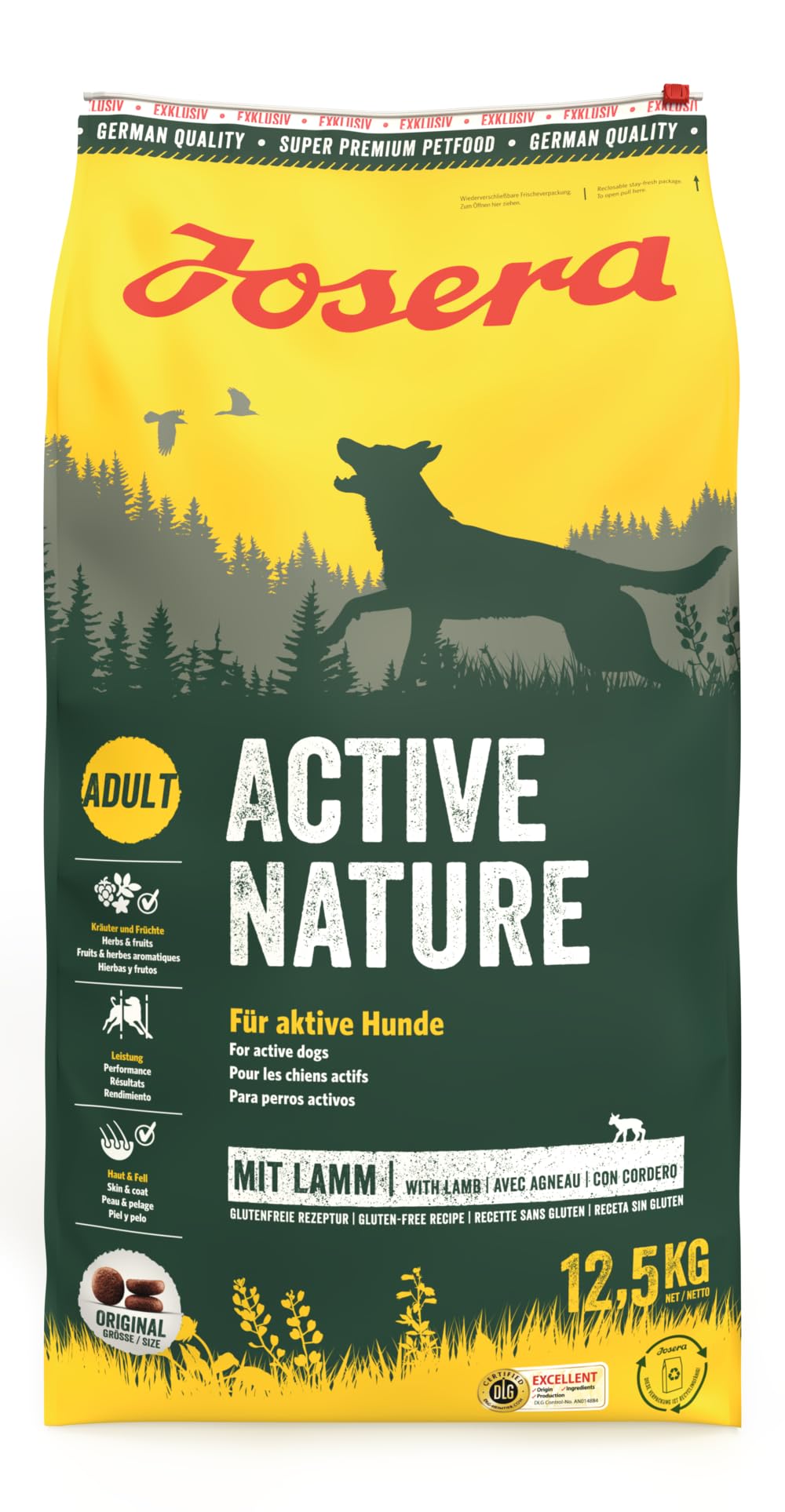JOSERA Active Nature (1 x 12,5 kg) | Adult | Premium Trockenfutter für ausgewachsene aktive Hunde | Lamm & Reis | Hundefutter | 1er Pack