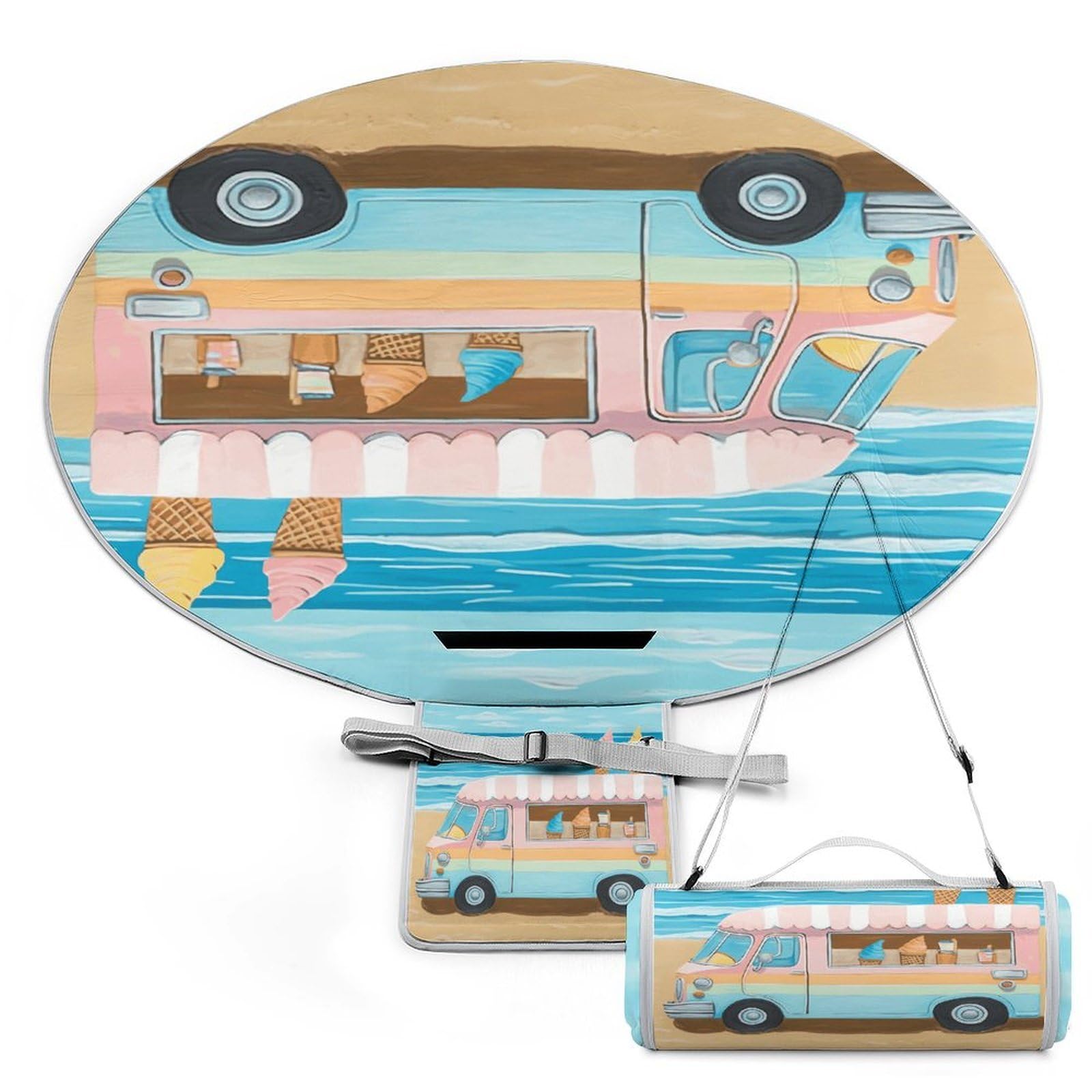 Manta de picnic redonda para playa y parque con diseño de camión de helados