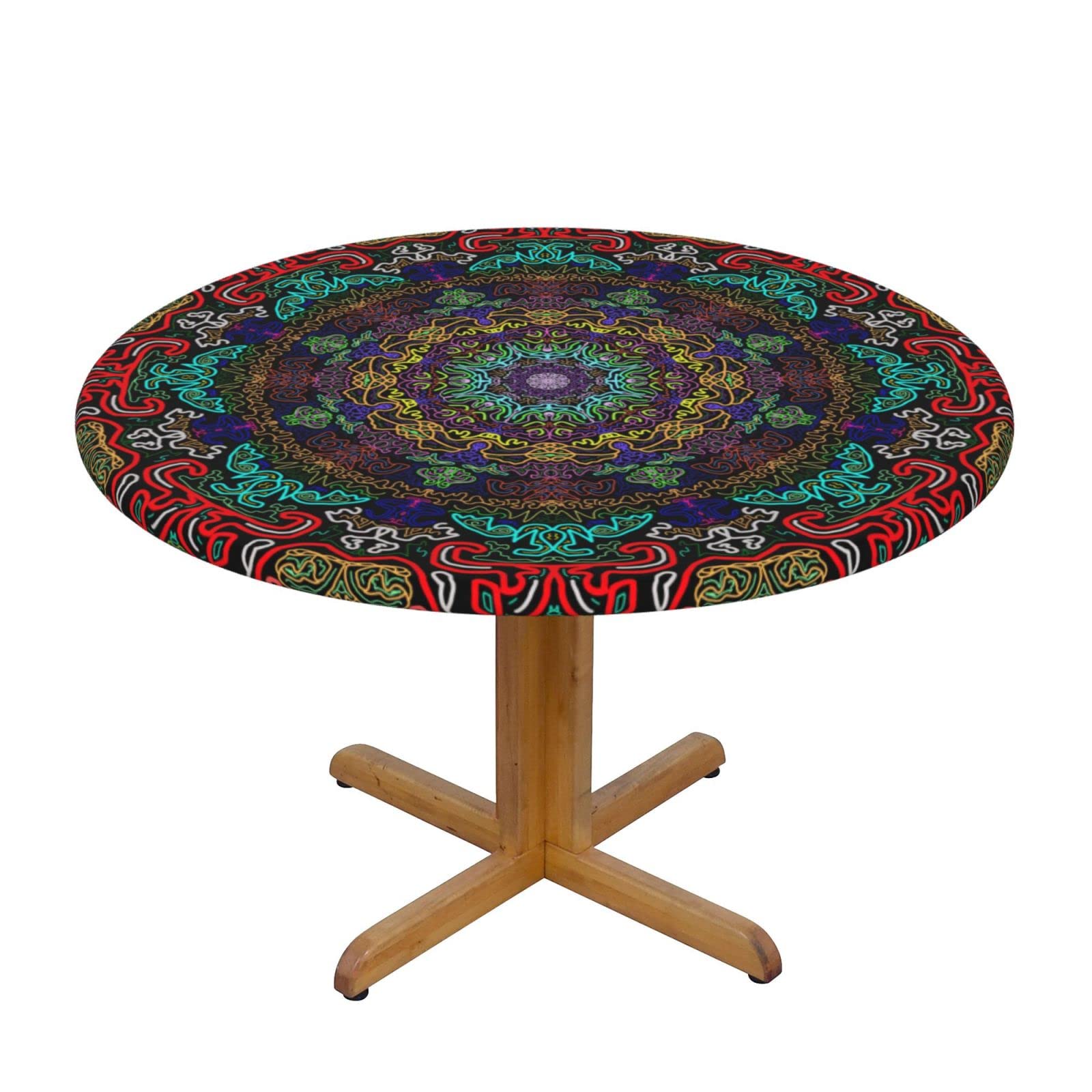 Lsjuee Round Fitted Tablecloth 40-44in Elastic Edged Table Cloth for Kitchen Dining Party Home Decor - Colorful Tribal Lines Aztec