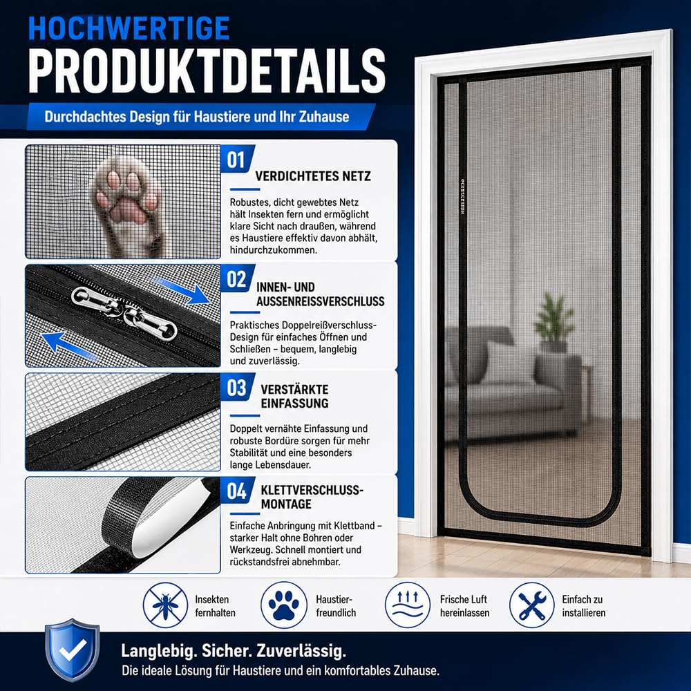 Moskitiera na drzwi dla kota, 90 x 210 cm solidna moskitiera dla kotów z dwustronnym zamkiem błyskawicznym i samoprzylepną taśmą samoprzylepną, ulepszony uchwyt na moskitierę dla kota do salonu