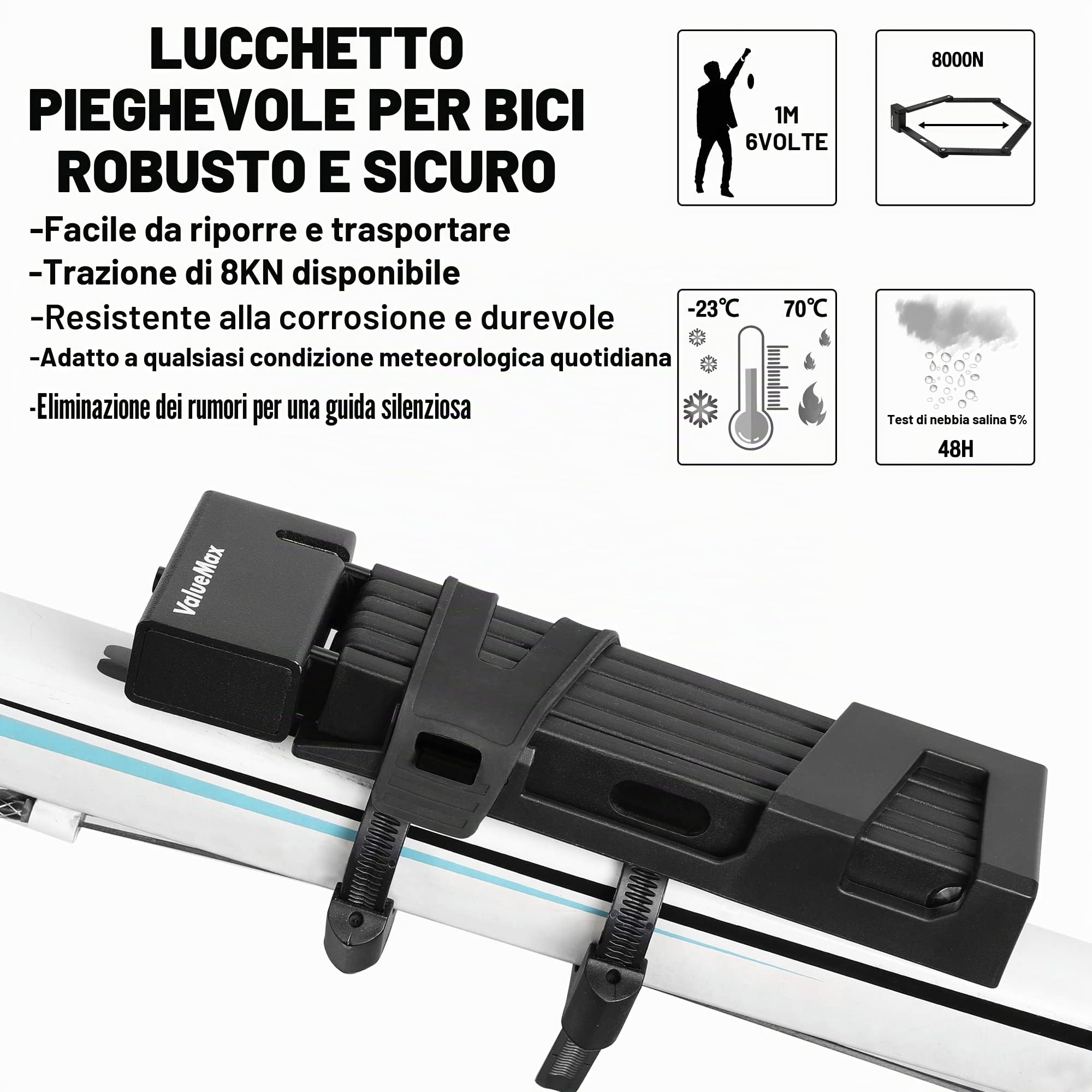 ValueMax Lucchetto Pieghevole Bici 100cm, Lucchetto Antifurto Bici Portatile con 2 Chiavi e Staffa di Montaggio, Adatto per Biciclette, Moto e Porte