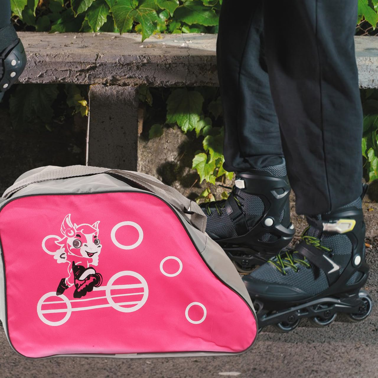LIOOBO Bolsa para patines de hielo impresa para patines de hielo, bolsa de almacenamiento portátil, correa ajustable, patines en línea para niños y adultos (rosa)