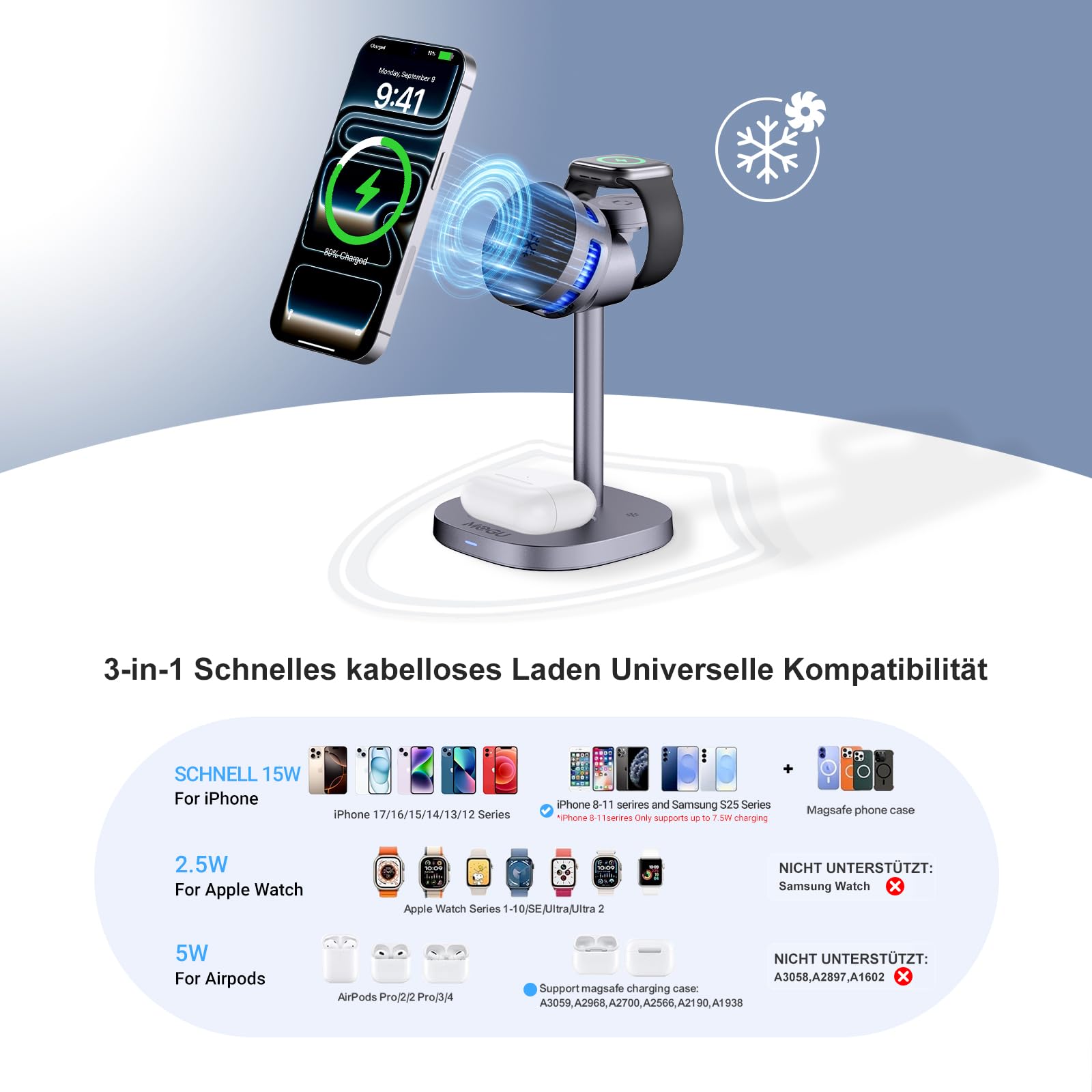MOGU Station de charge magnétique sans fil 3 en 1 avec refroidissement actif, support de charge rapide 15 W, compatible avec smartphone Mag-Safe pour iPhone 17-12, Apple Watch et AirPods, adaptateur